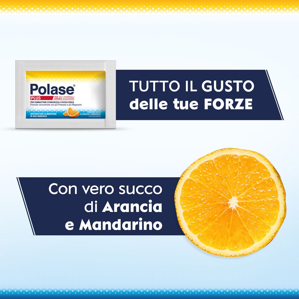 Sachet Polase Plus et tranche d'orange. Texte : Tutto il gusto delle tue FORZE. Goût orange et mandarine.