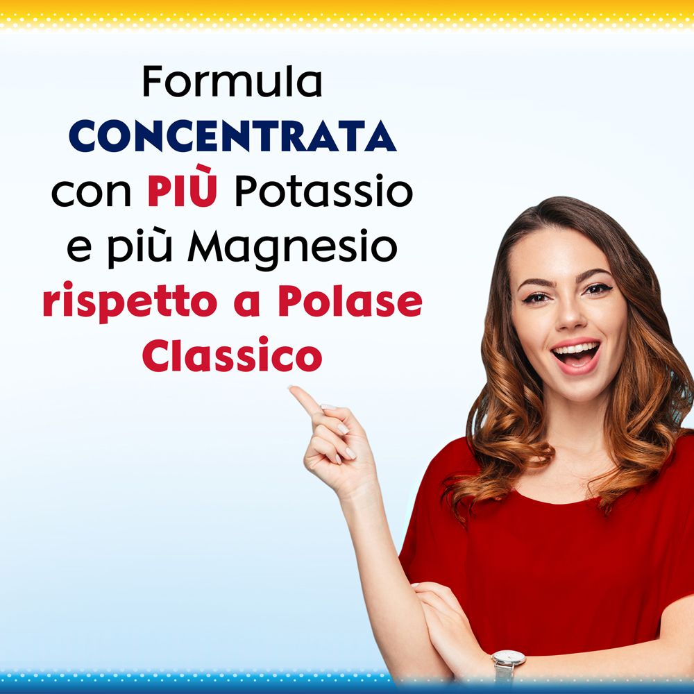 Femme souriante. Texte : Formula CONCENTRATA con PIÙ Potassio e più Magnesio rispetto a Polase Classico.