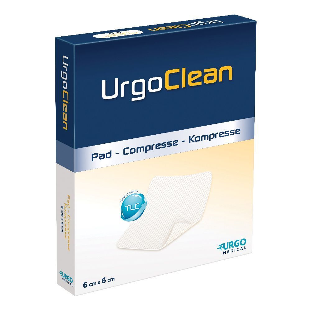 Confezione di UrgoClean. Scritta: UrgoClean, Pad - Compresse - Kompresse, 6 cm x 6 cm. È raffigurato un tampone bianco.