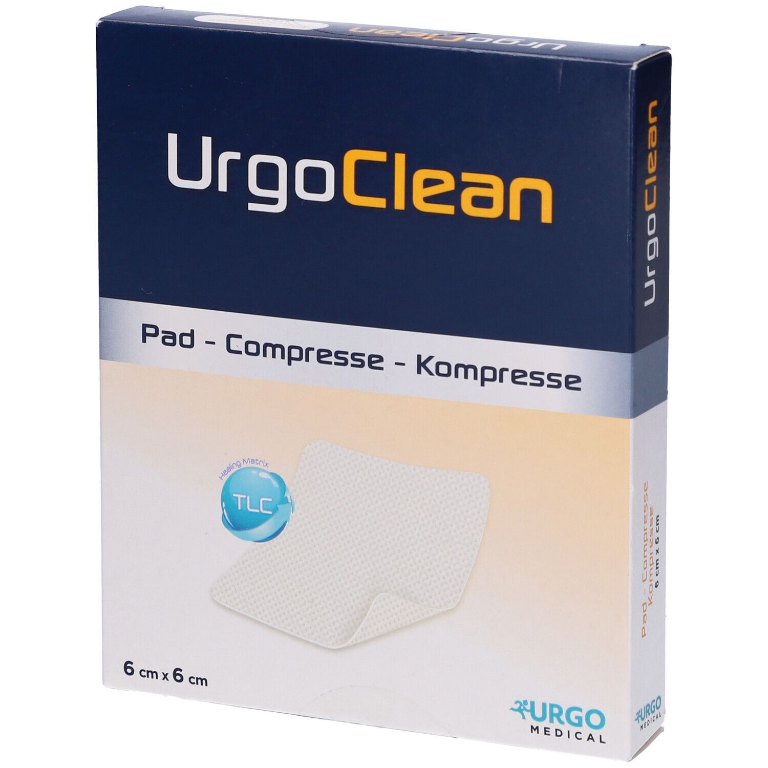 Confezione di UrgoClean. Scritta: UrgoClean, Pad - Compresse - Kompresse, 6 cm x 6 cm. È raffigurato un tampone bianco.