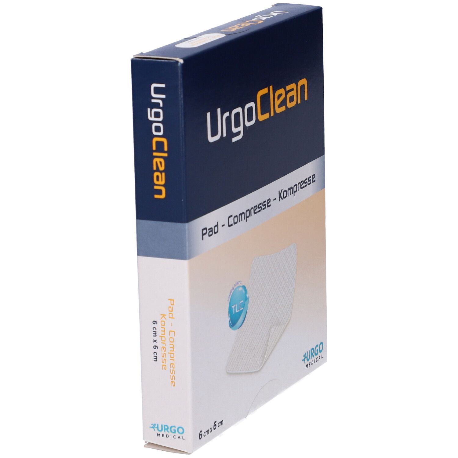 Confezione di UrgoClean. Scritta: UrgoClean, Pad - Compresse - Kompresse, 6 cm x 6 cm. È raffigurato un tampone bianco.