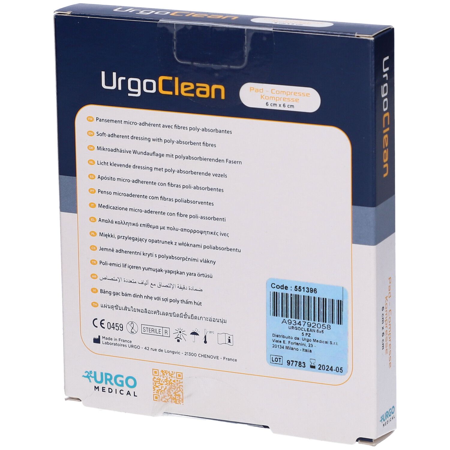 Retro della confezione UrgoClean. Informazioni multilingue sul prodotto. Codice, data di scadenza e certificazioni visibili.