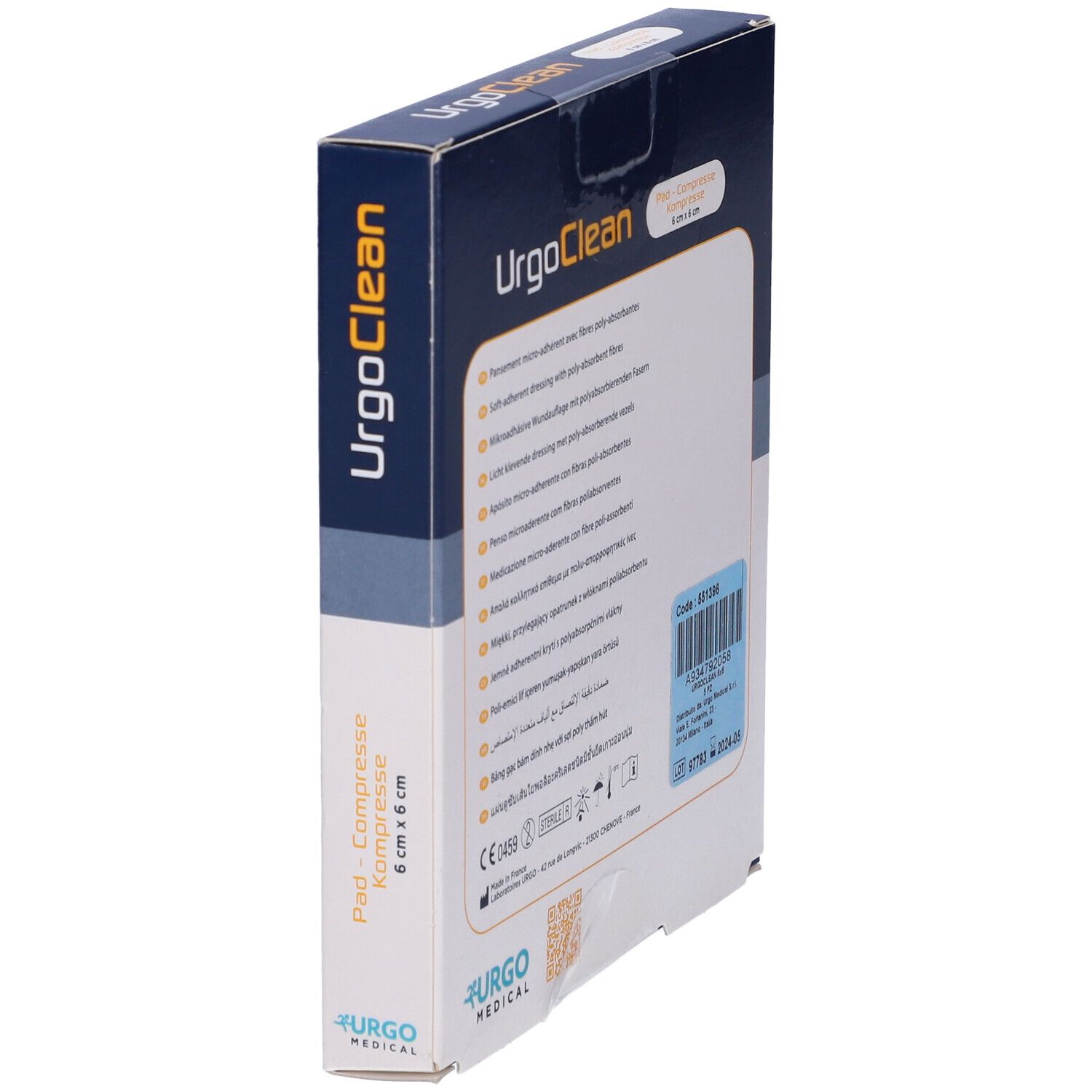 Confezione di UrgoClean. Scritta: UrgoClean, Pad - Compresse - Kompresse, 6 cm x 6 cm. È raffigurato un tampone bianco.