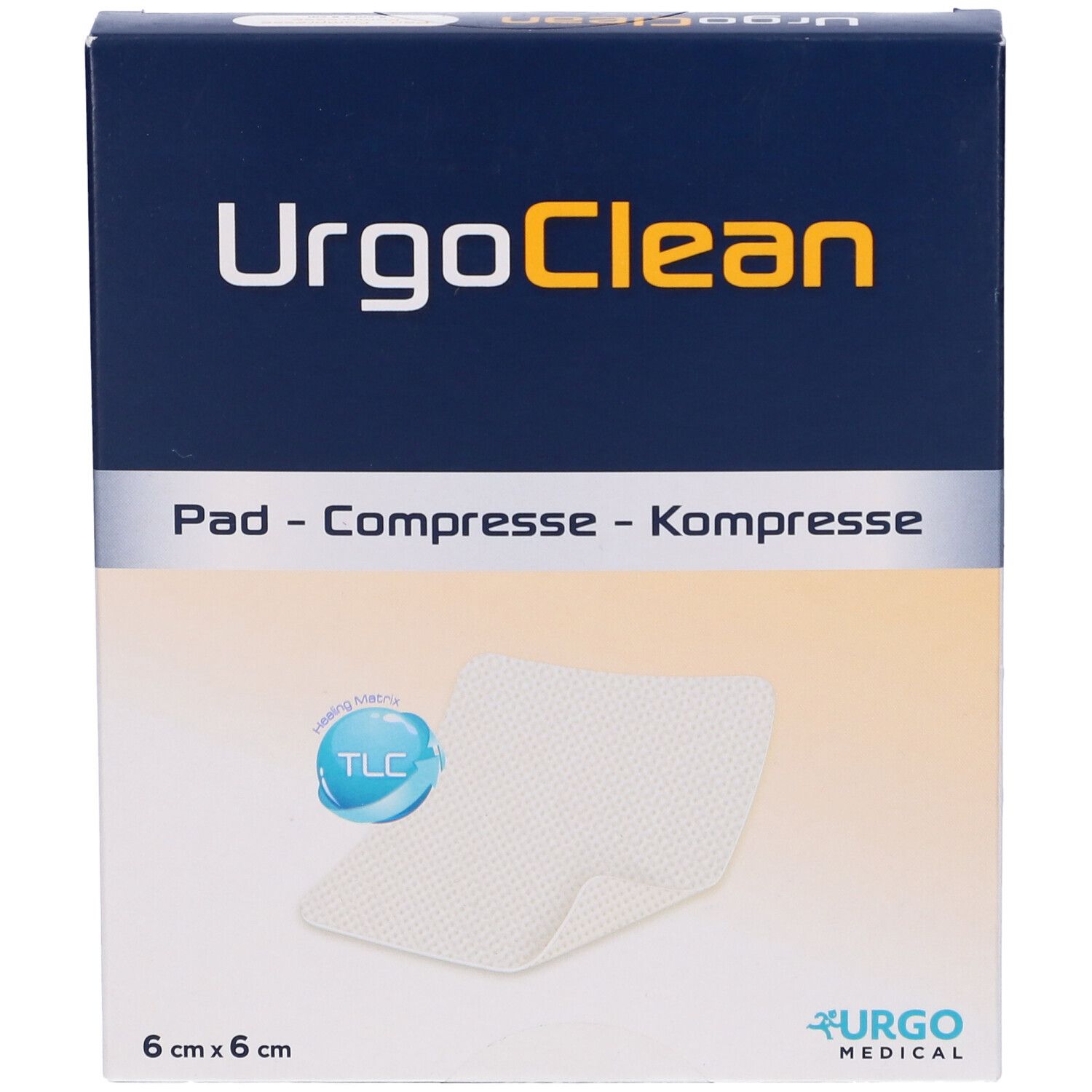 Confezione di UrgoClean. Scritta: UrgoClean, Pad - Compresse - Kompresse, 6 cm x 6 cm. È raffigurato un tampone bianco.