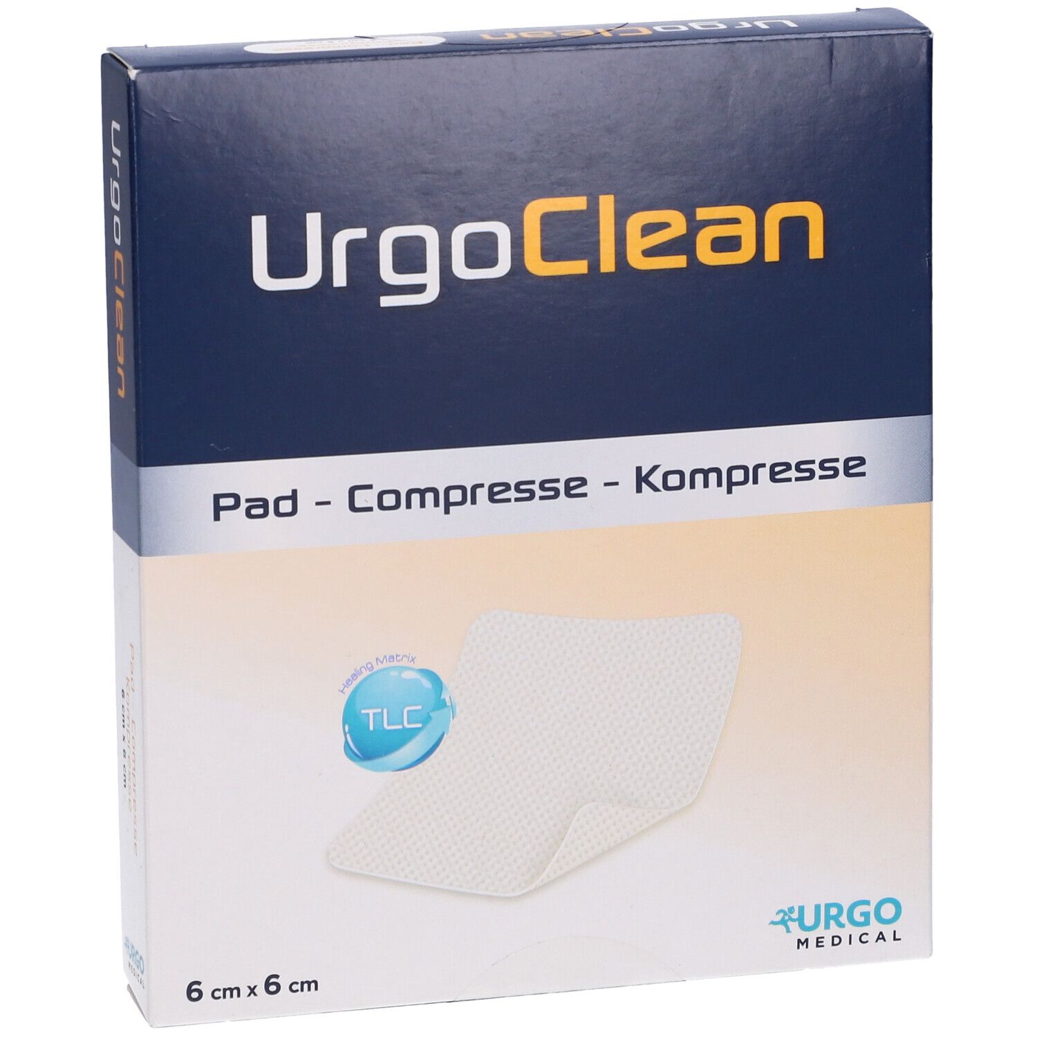 Confezione di UrgoClean. Scritta: UrgoClean, Pad - Compresse - Kompresse, 6 cm x 6 cm. È raffigurato un tampone bianco.