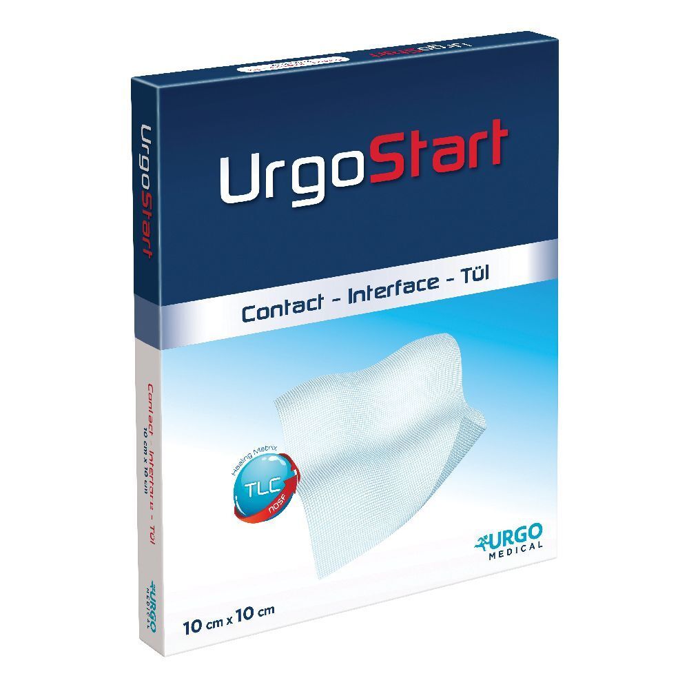 Confezione UrgoStart Contact. Scatola blu e bianca con nome del prodotto e dimensioni 10x10 cm. Logo Urgo Medical.