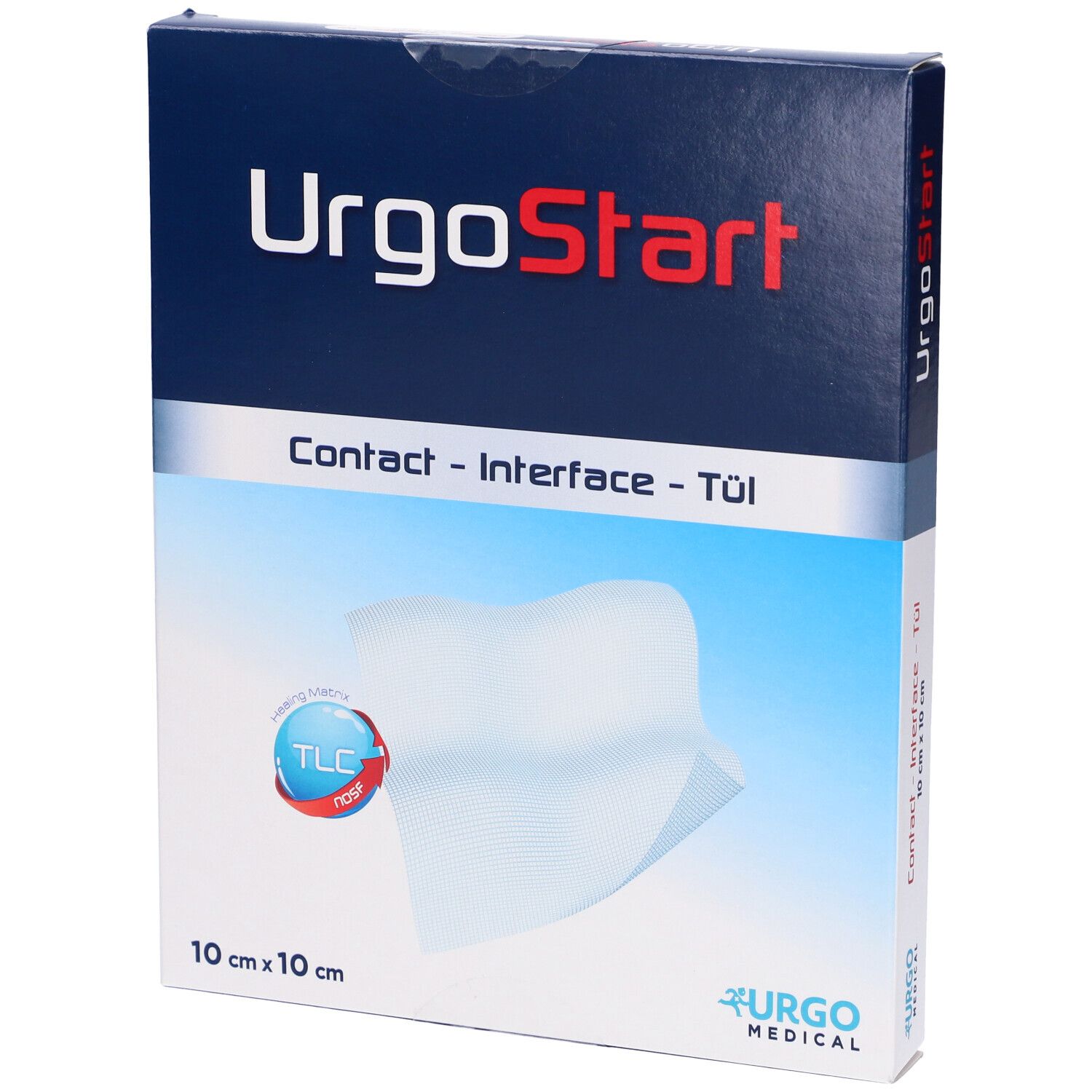 Confezione UrgoStart Contact. Scatola blu e bianca con nome del prodotto e dimensioni 10x10 cm. Logo Urgo Medical.