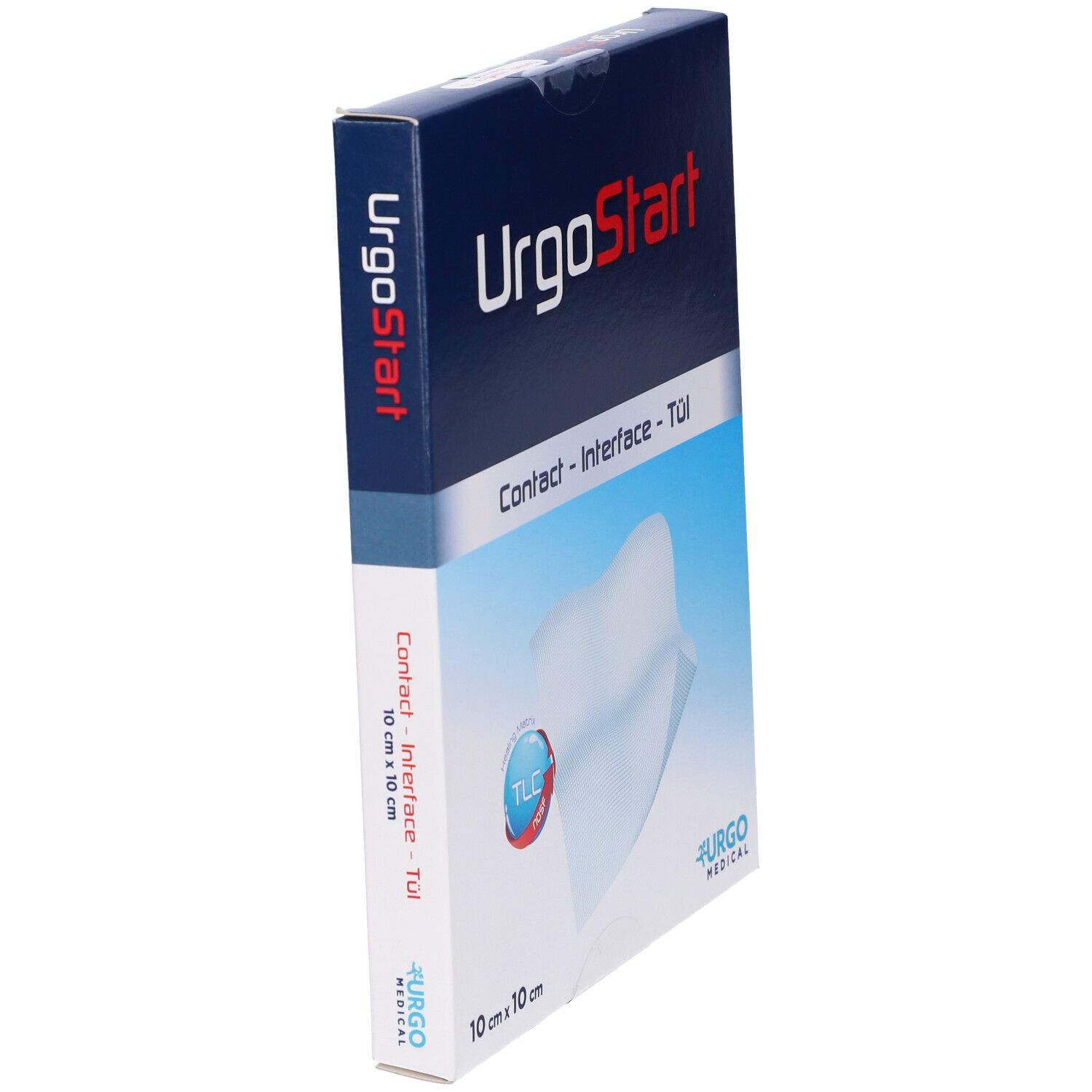 Confezione UrgoStart Contact. Scatola blu e bianca con nome del prodotto e dimensioni 10x10 cm. Logo Urgo Medical.