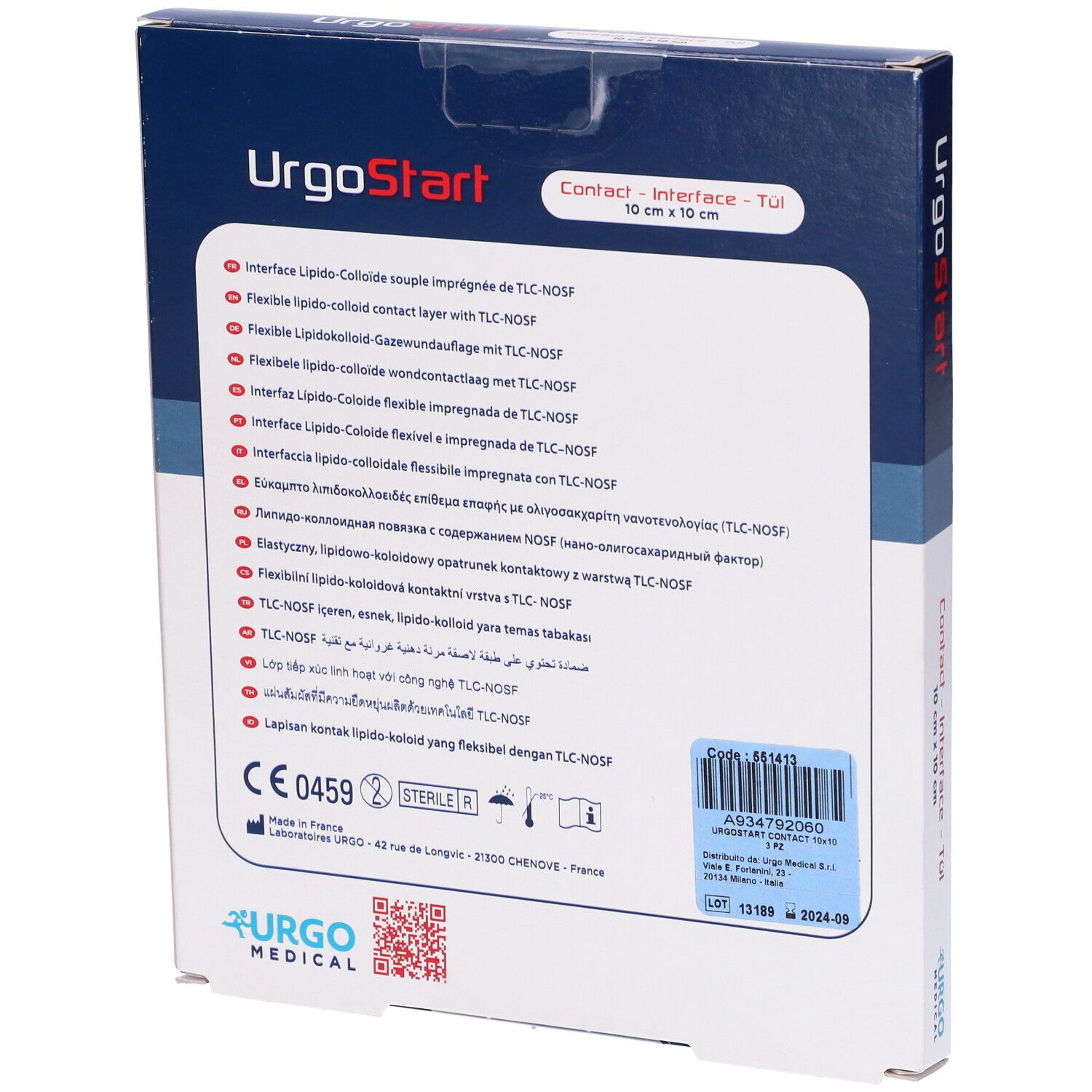 Retro della confezione UrgoStart Contact. Testo multilingue, marchio CE, simbolo sterile, numero di lotto e data di scadenza.