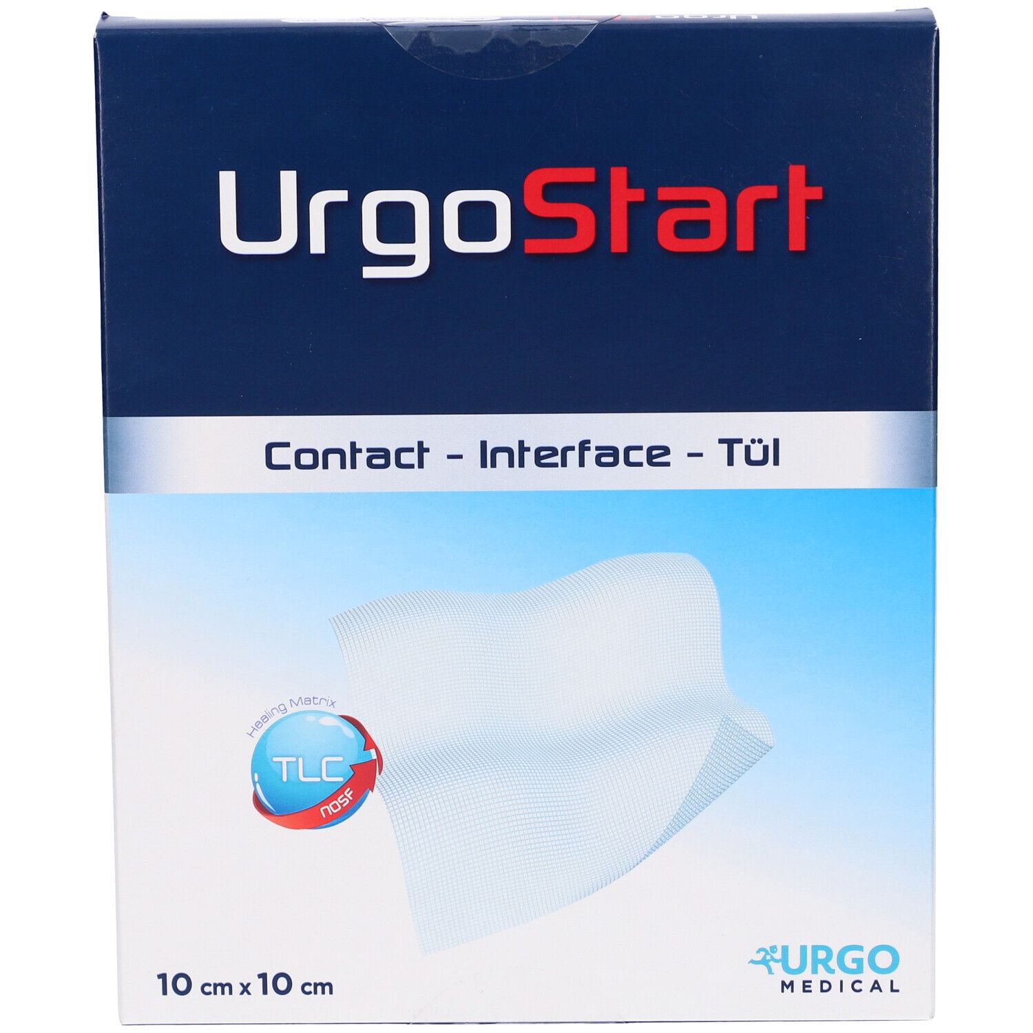 Confezione UrgoStart Contact. Scatola blu e bianca con nome del prodotto e dimensioni 10x10 cm. Logo Urgo Medical.
