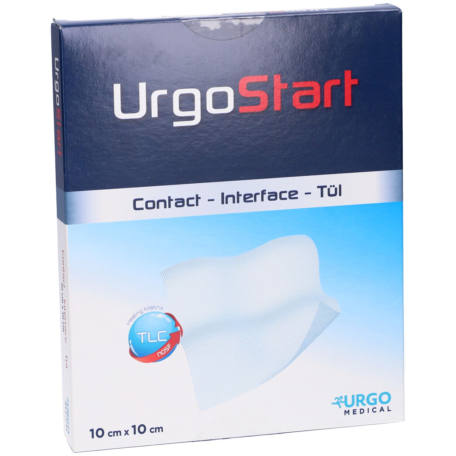 Confezione UrgoStart Contact. Scatola blu e bianca con nome del prodotto e dimensioni 10x10 cm. Logo Urgo Medical.