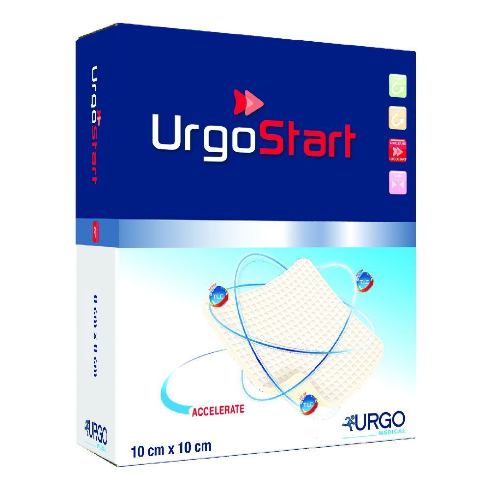 Confezione UrgoStart. Scatola blu e bianca con logo e dimensioni 10x10 cm. Logo Urgo Medical. Compressa visibile.