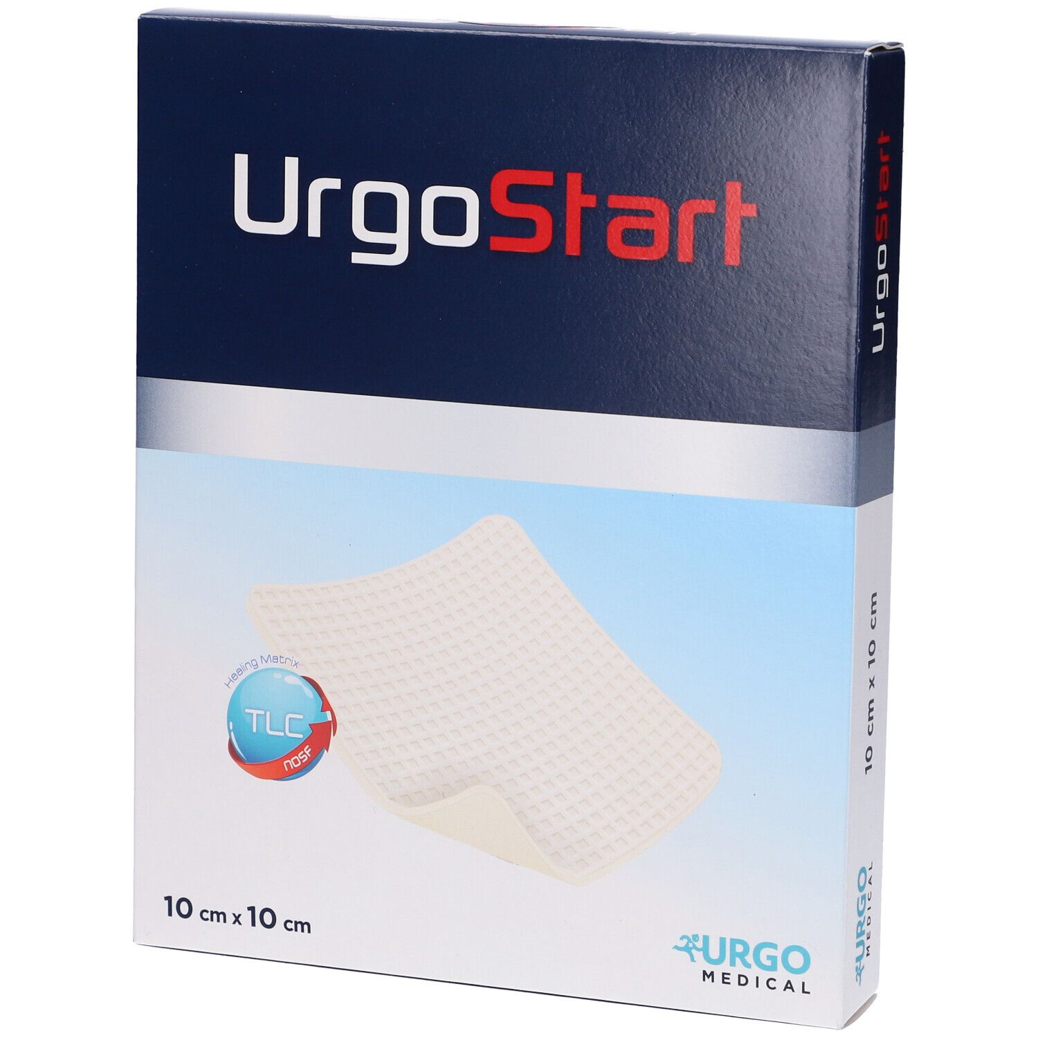 Confezione UrgoStart. Scatola blu con logo e dimensioni 10x10 cm. Logo Urgo Medical. Compressa visibile.