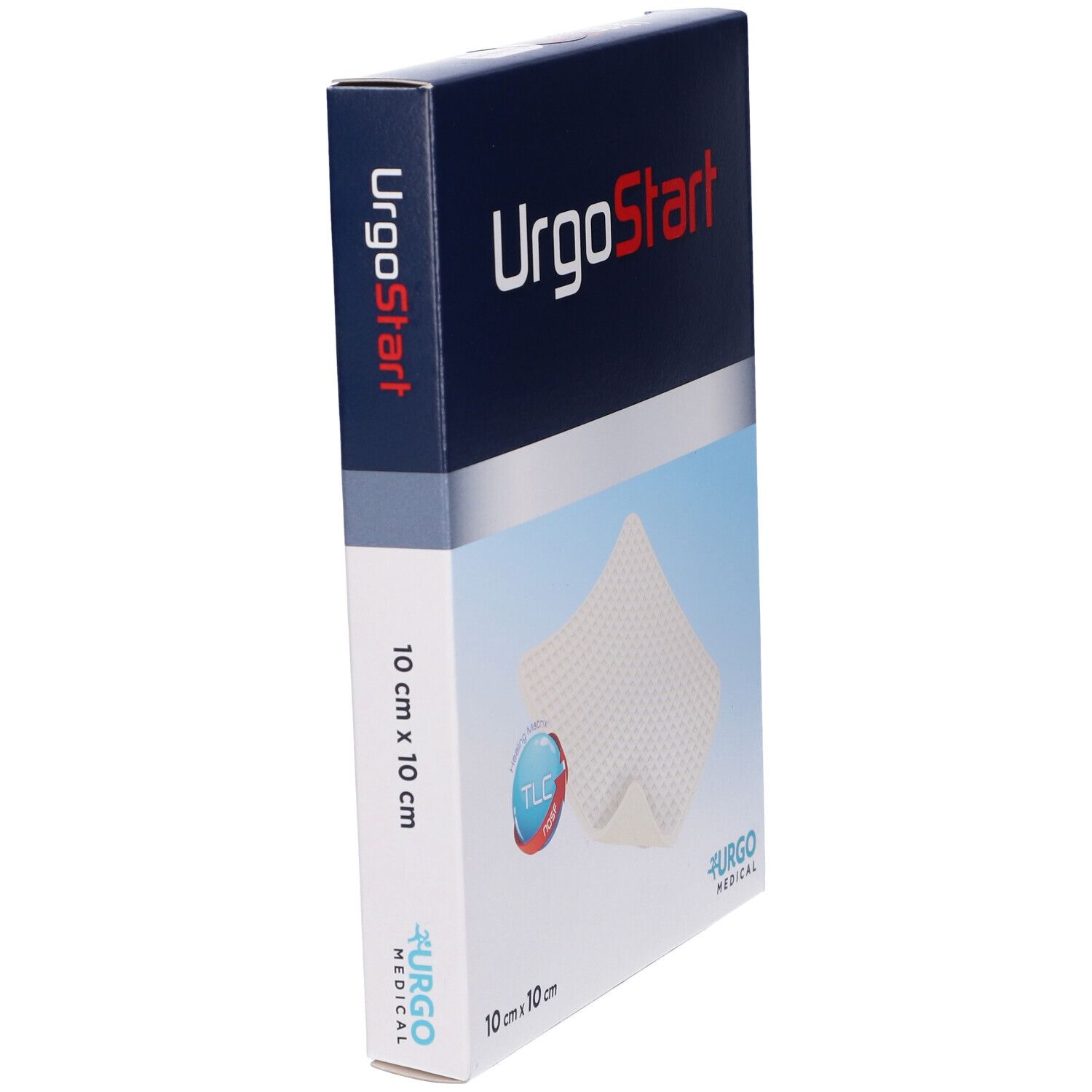 Confezione UrgoStart. Scatola blu con logo e dimensioni 10x10 cm. Logo Urgo Medical. Compressa visibile.