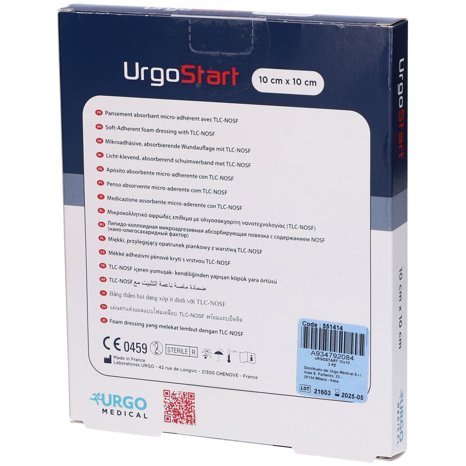 Retro confezione UrgoStart. Testo multilingue. Nome prodotto, dimensioni 10x10 cm, logo Urgo Medical, marchio CE.