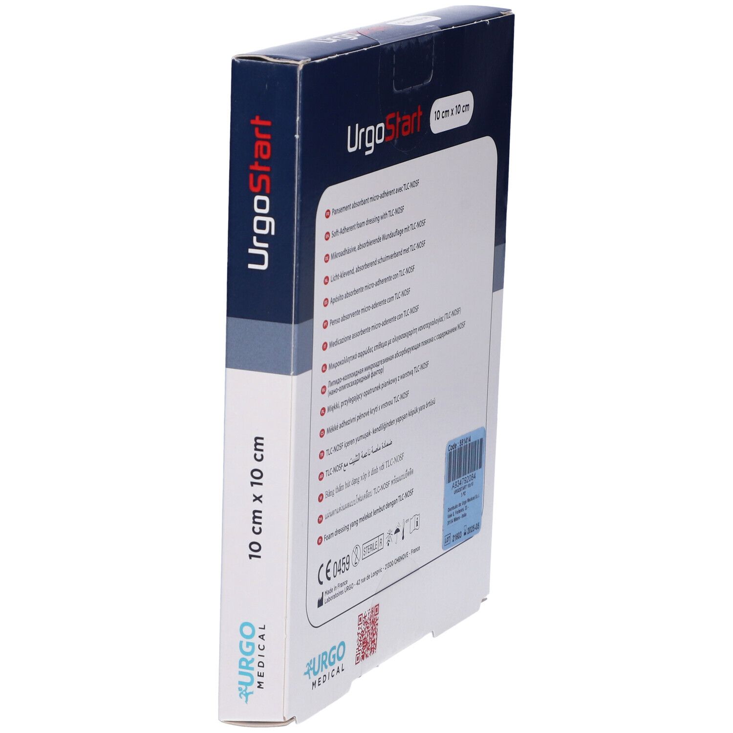 Vista laterale della confezione UrgoStart. Nome prodotto, dimensioni 10x10 cm, logo Urgo Medical.