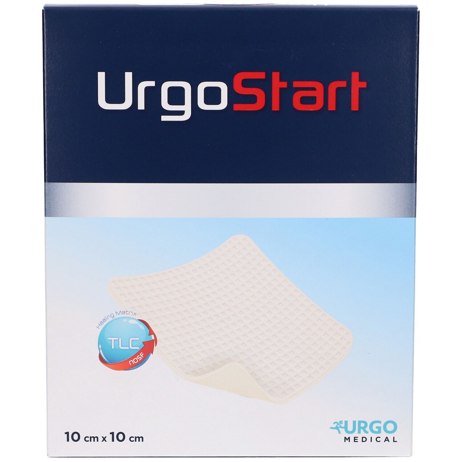 Confezione UrgoStart. Scatola blu con logo e dimensioni 10x10 cm. Logo Urgo Medical. Compressa visibile.
