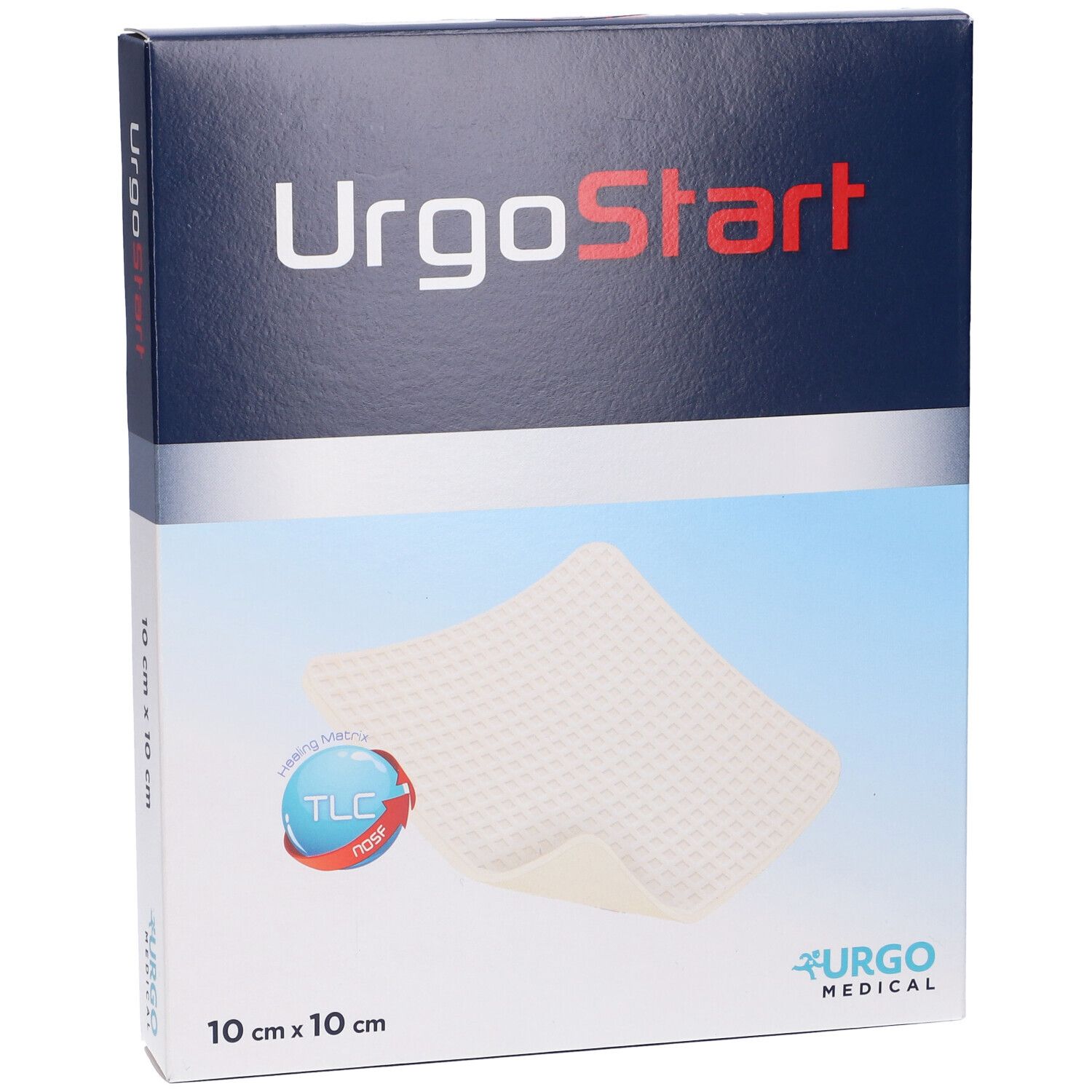 Confezione UrgoStart. Scatola blu con logo e dimensioni 10x10 cm. Logo Urgo Medical. Compressa visibile.