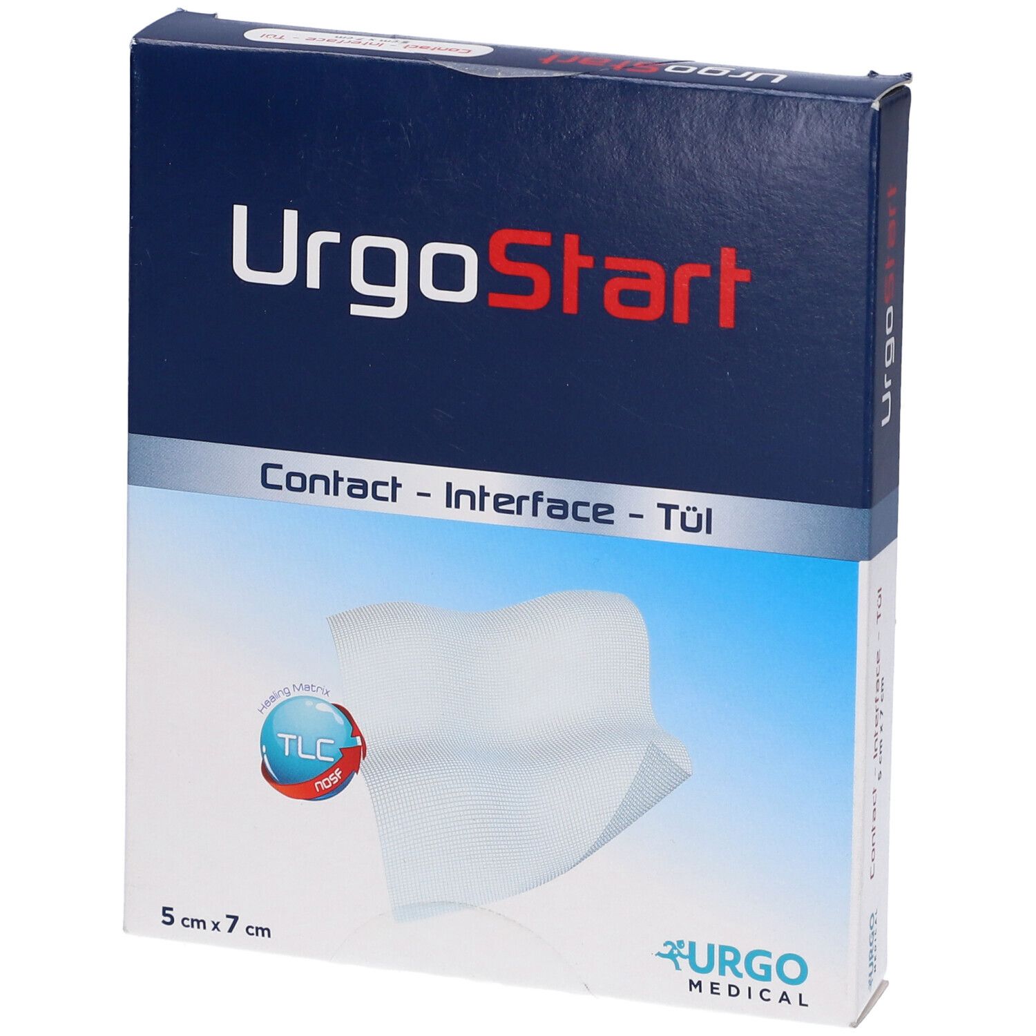 Confezione di UrgoStart Contact. Scritta: UrgoStart, Contact - Interface - Tül, 5 cm x 7 cm. Logo: Urgo Medical.
