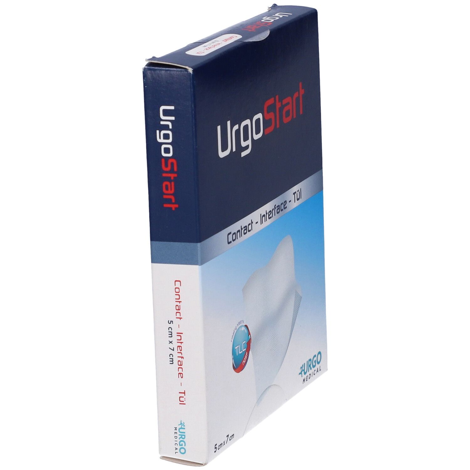 Confezione di UrgoStart Contact in diagonale. Scritta: UrgoStart, Contact - Interface - Tül, 5 cm x 7 cm. Logo: Urgo Medical.