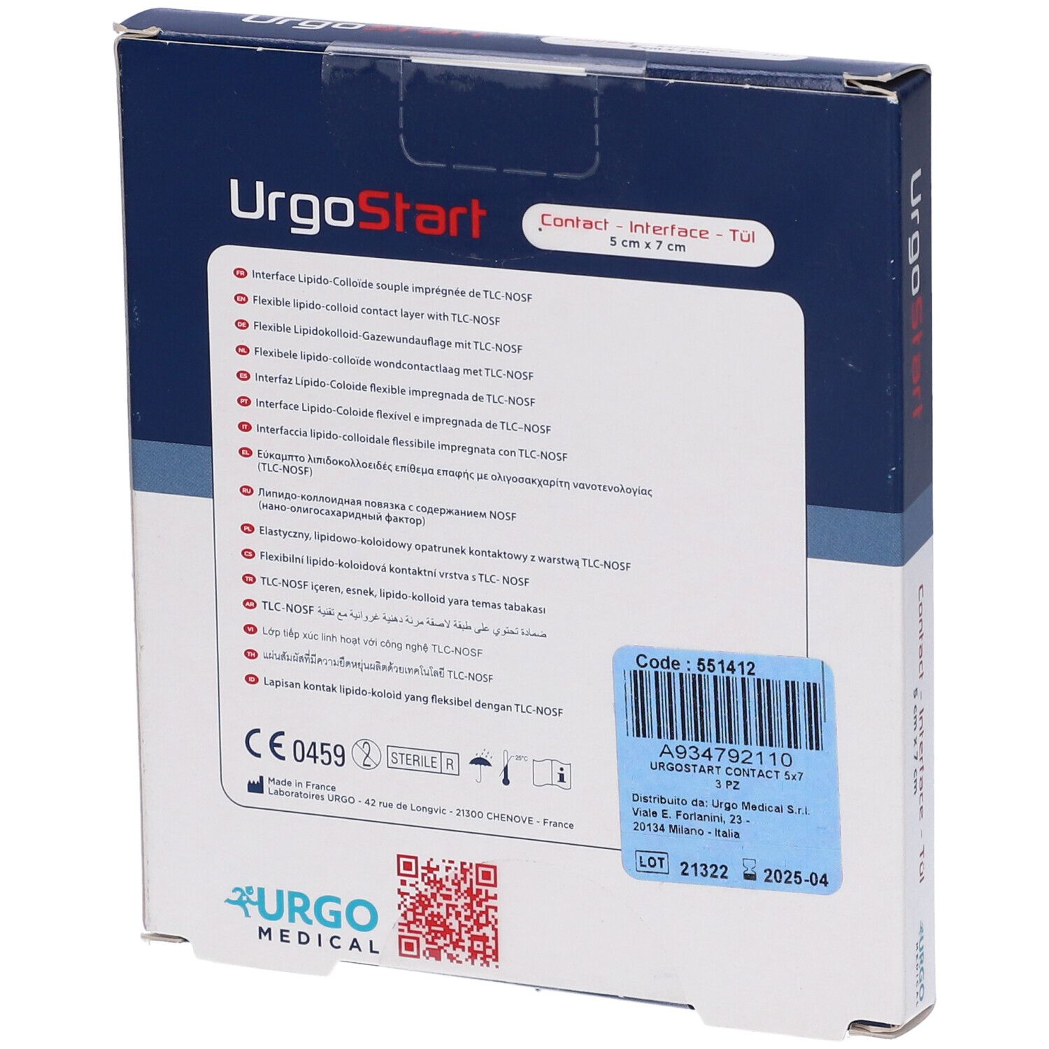 Retro della confezione UrgoStart Contact. Contiene informazioni e codici. Logo: Urgo Medical. Marchio CE.