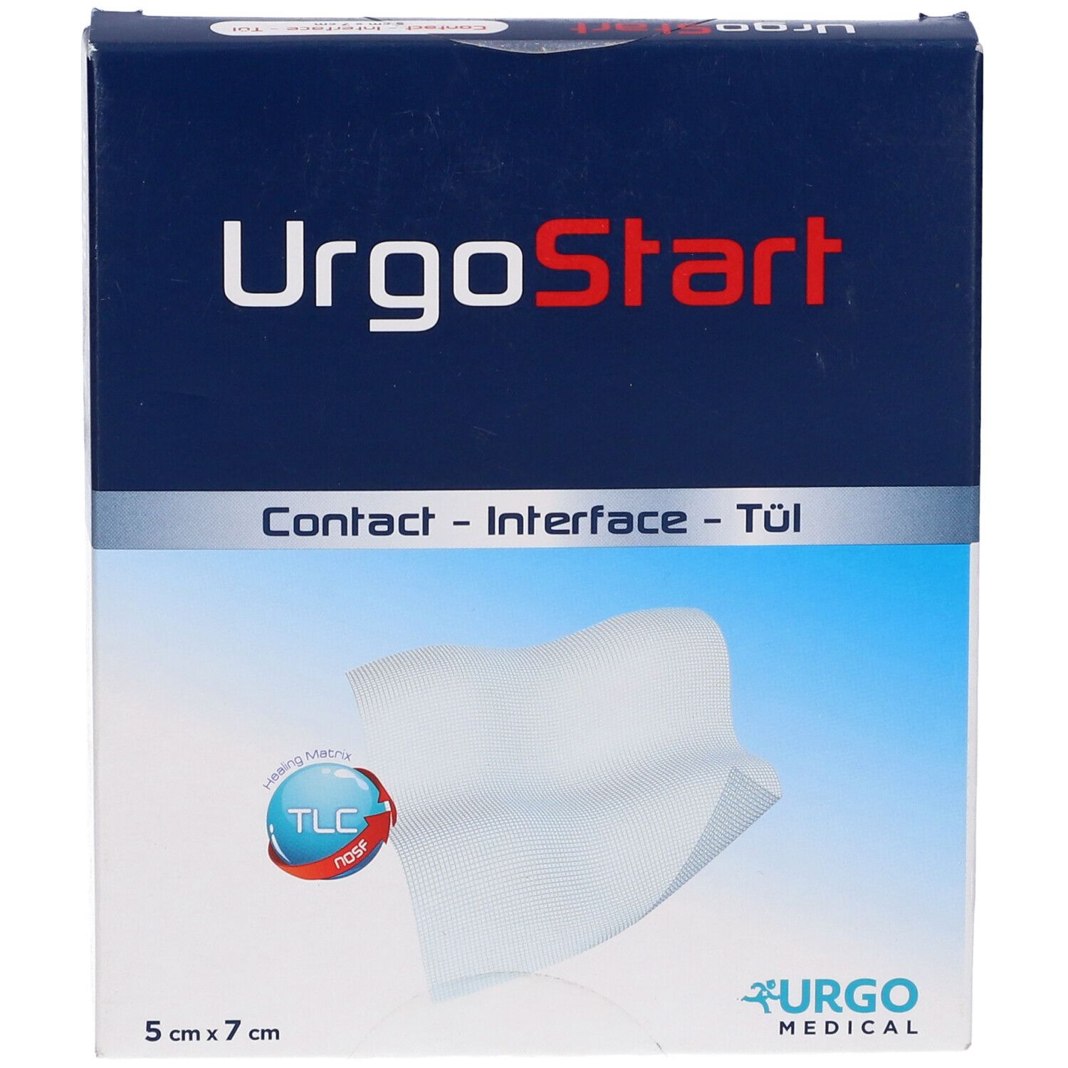 Confezione di UrgoStart Contact. Scritta: UrgoStart, Contact - Interface - Tül, 5 cm x 7 cm. Logo: Urgo Medical.