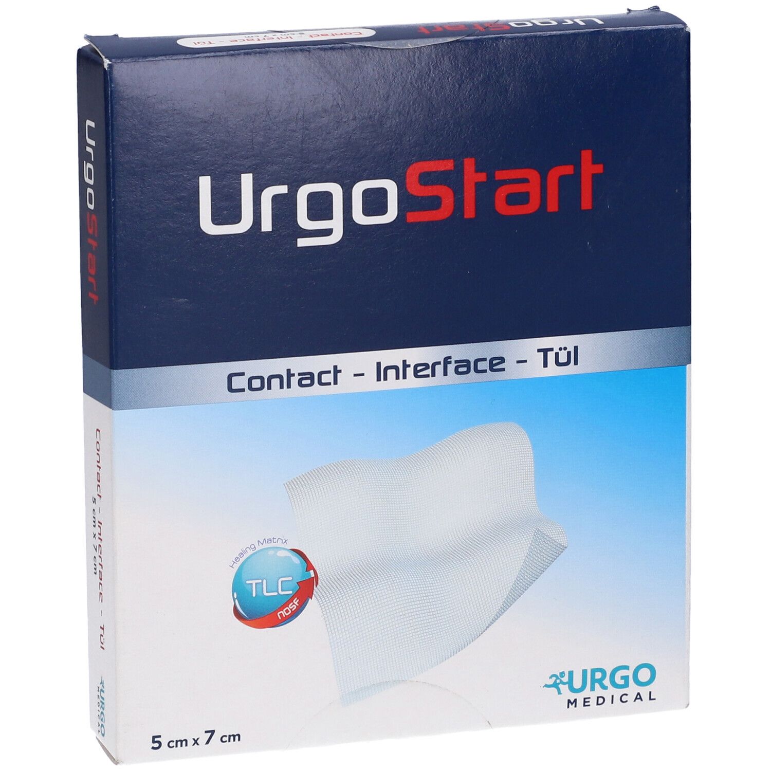 Confezione di UrgoStart Contact. Scritta: UrgoStart, Contact - Interface - Tül, 5 cm x 7 cm. Logo: Urgo Medical.