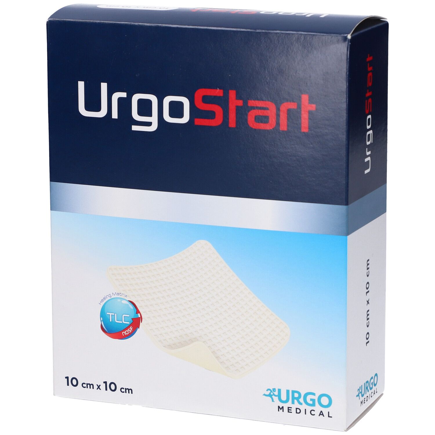Confezione UrgoStart Medic. Scatola blu e bianca con prodotto e logo. Dimensioni 10 x 10 cm.
