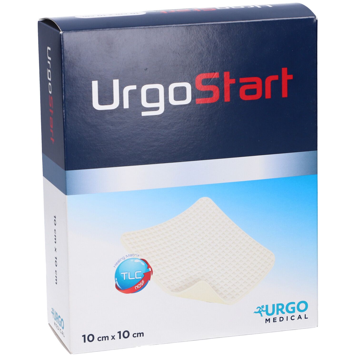 Confezione UrgoStart Medic. Scatola blu e bianca con prodotto e logo. Dimensioni 10 x 10 cm.