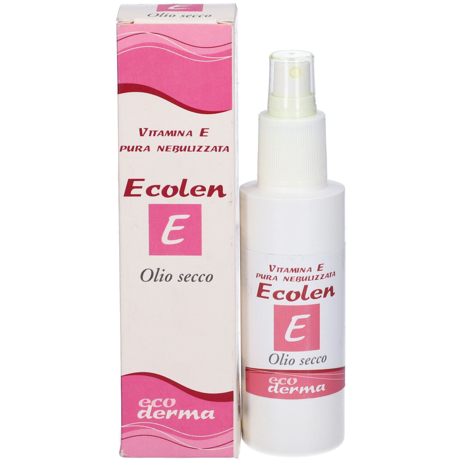 Flacone bianco con vaporizzatore ed etichetta rosa. Testo: Ecolen E Olio Secco, Vitamina E. Scatola con lo stesso design.