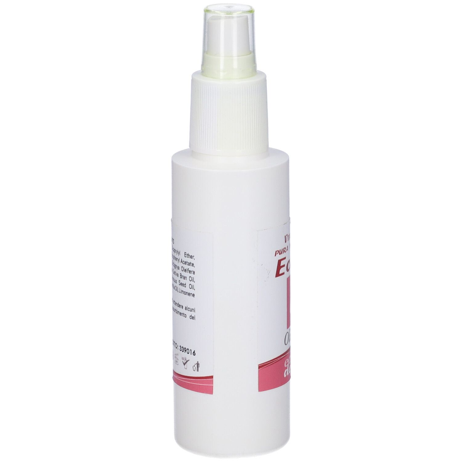 Flacone bianco con vaporizzatore. Stampa con ingredienti e testo. Striscia rosa in basso.
