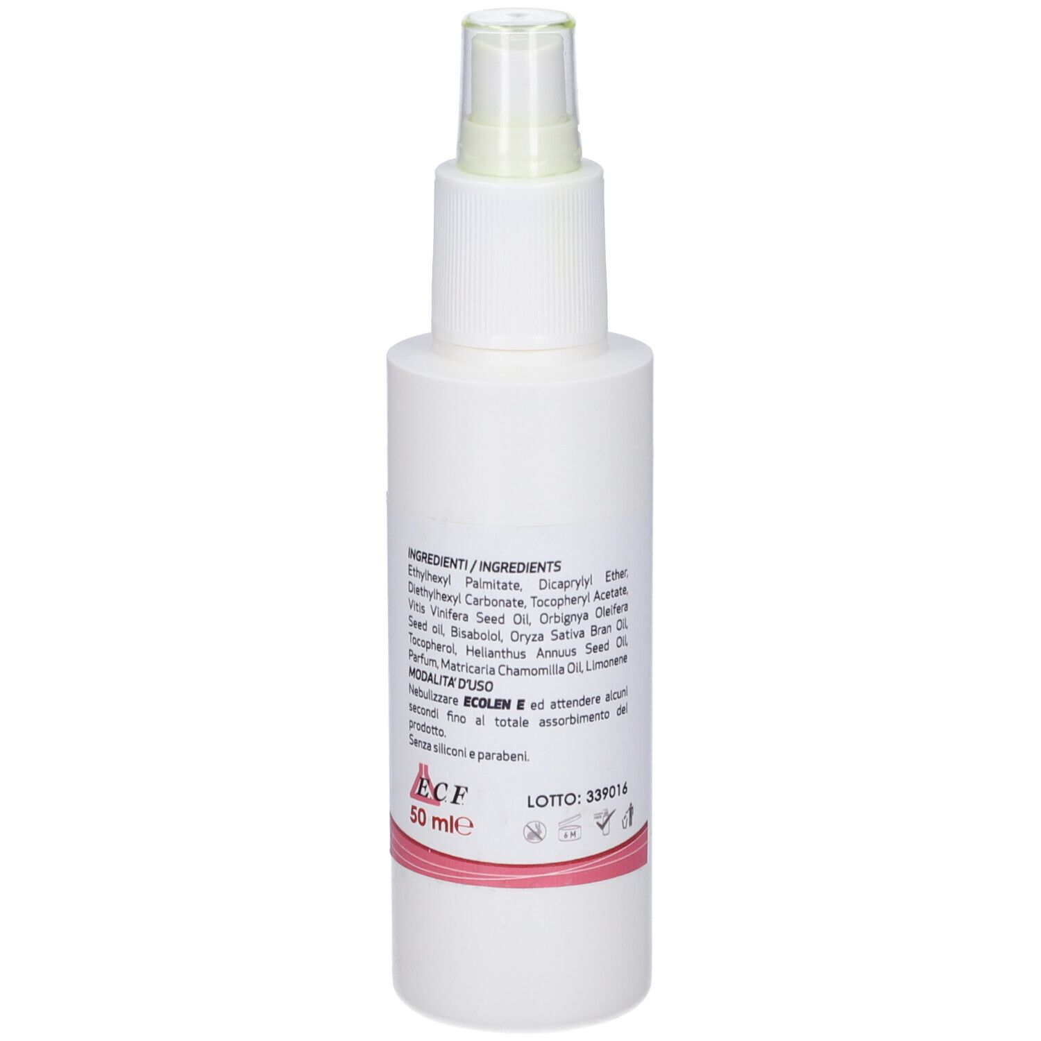Flacone bianco con vaporizzatore. Stampa con ingredienti e testo. Striscia rosa in basso.