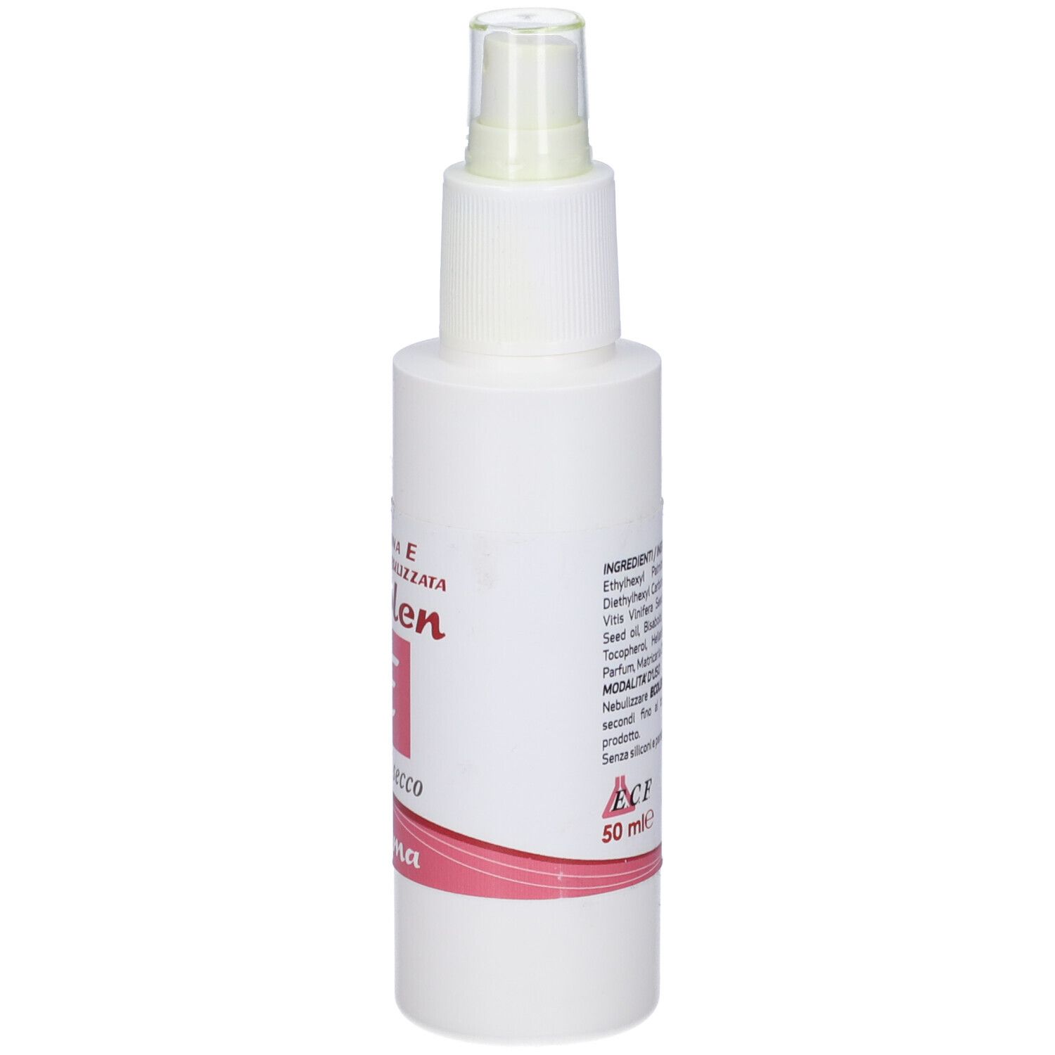 Flacone bianco con vaporizzatore. Stampa con ingredienti e testo. Striscia rosa in basso.