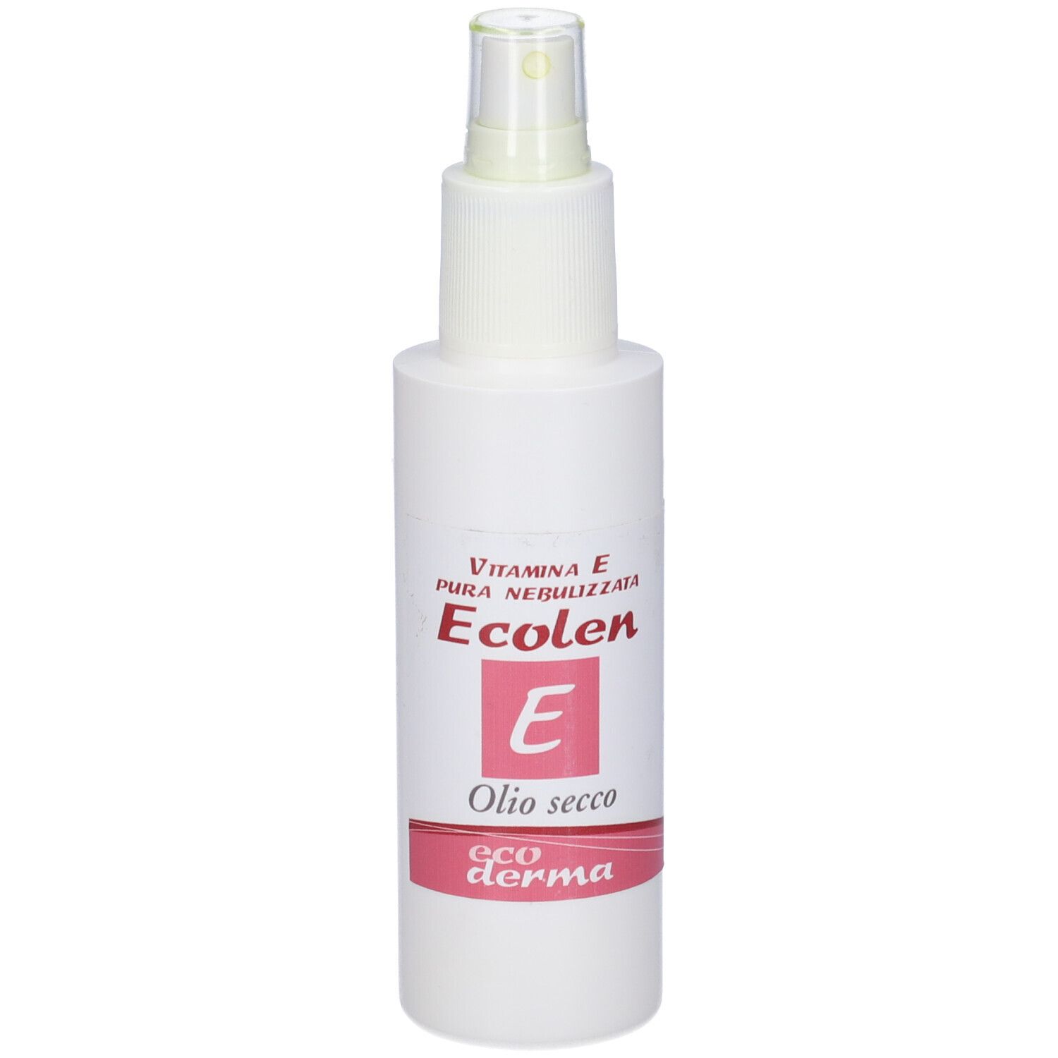 Flacone bianco con vaporizzatore. Stampa con testo: Ecolen E Olio Secco, Vitamina E. Striscia rosa in basso.
