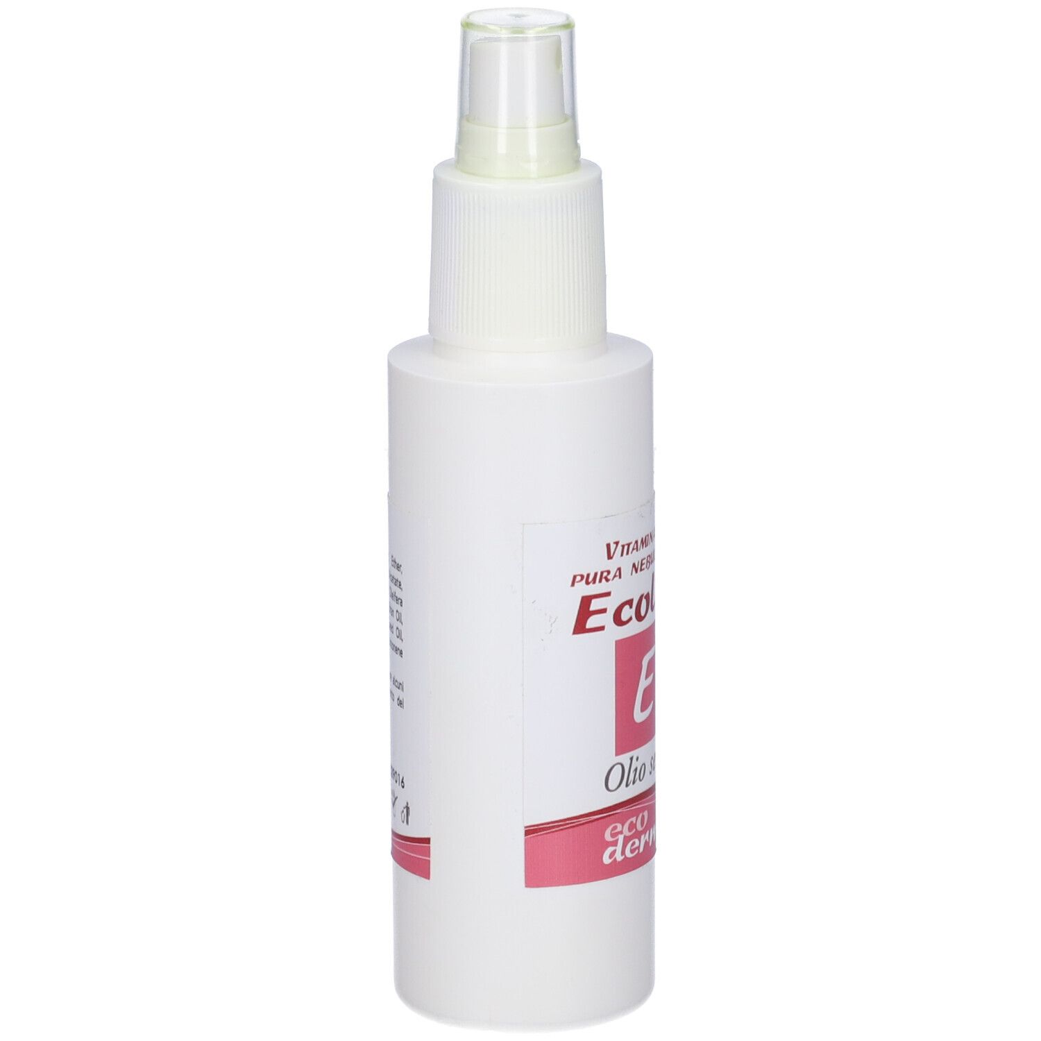 Flacone bianco con vaporizzatore. Stampa con testo: Ecolen E Olio Secco, Vitamina E. Striscia rosa in basso.