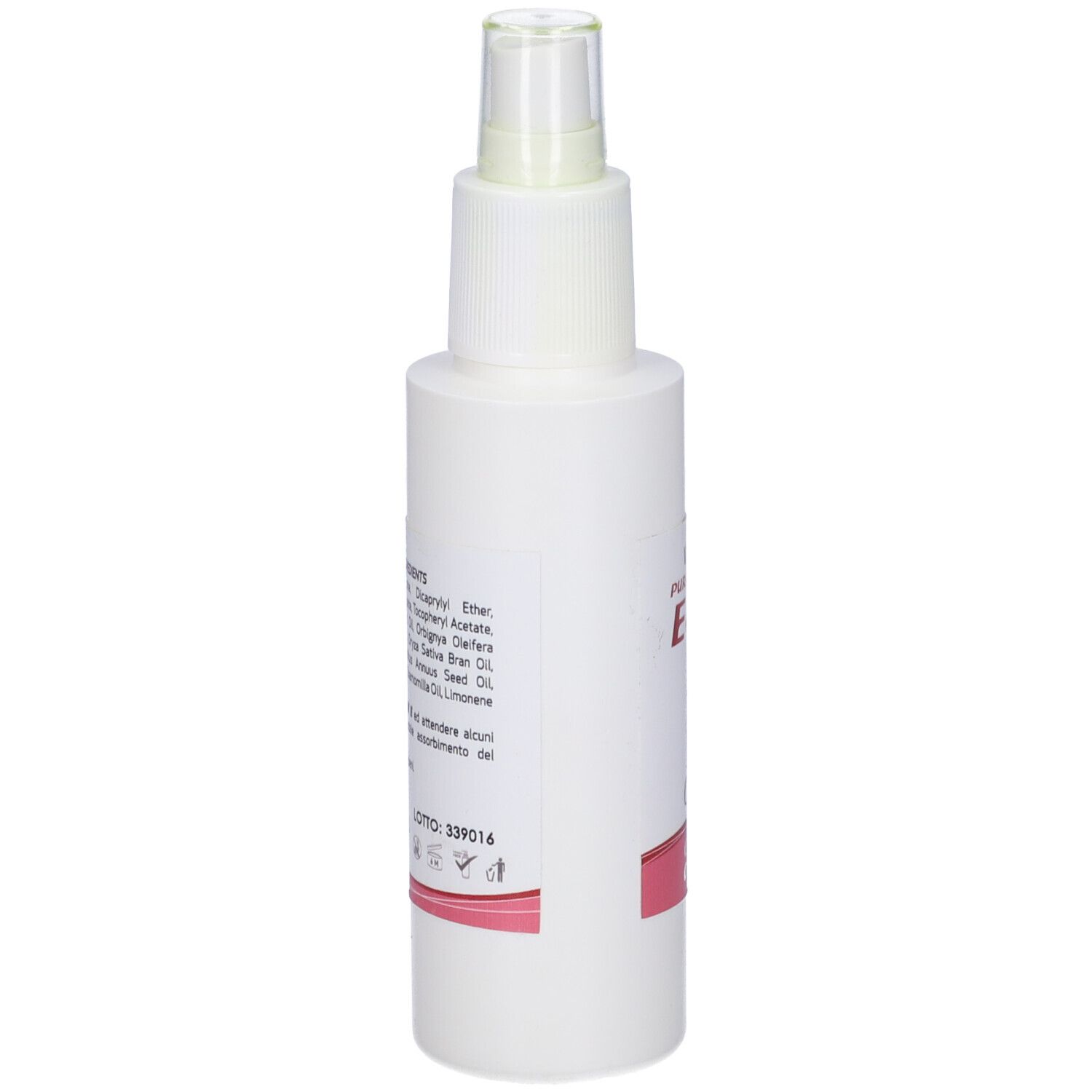Flacone bianco con vaporizzatore. Stampa con ingredienti e testo. Striscia rosa in basso.