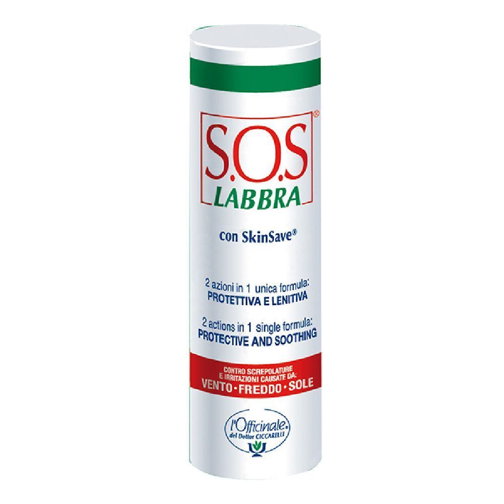 Tubo cilindrico, tappo bianco e fascia verde. Scritta rossa: S.O.S. LABBRA. Testo: SkinSave, protezione e lenitivo.