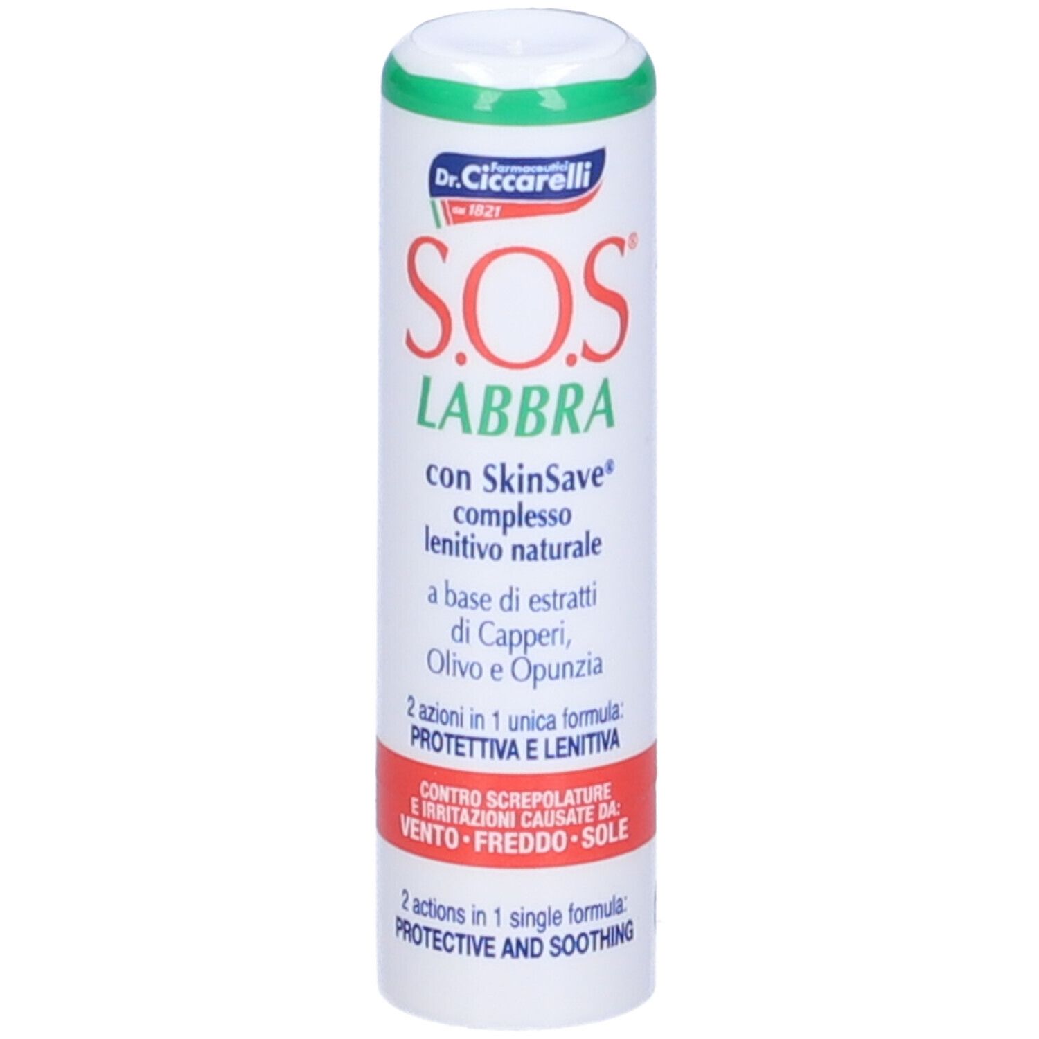 Tubo cilindrico, bianco con tappo verde. Scritta rossa: S.O.S. LABBRA. Testo: SkinSave, complesso, capperi, oliva, fico d'India.