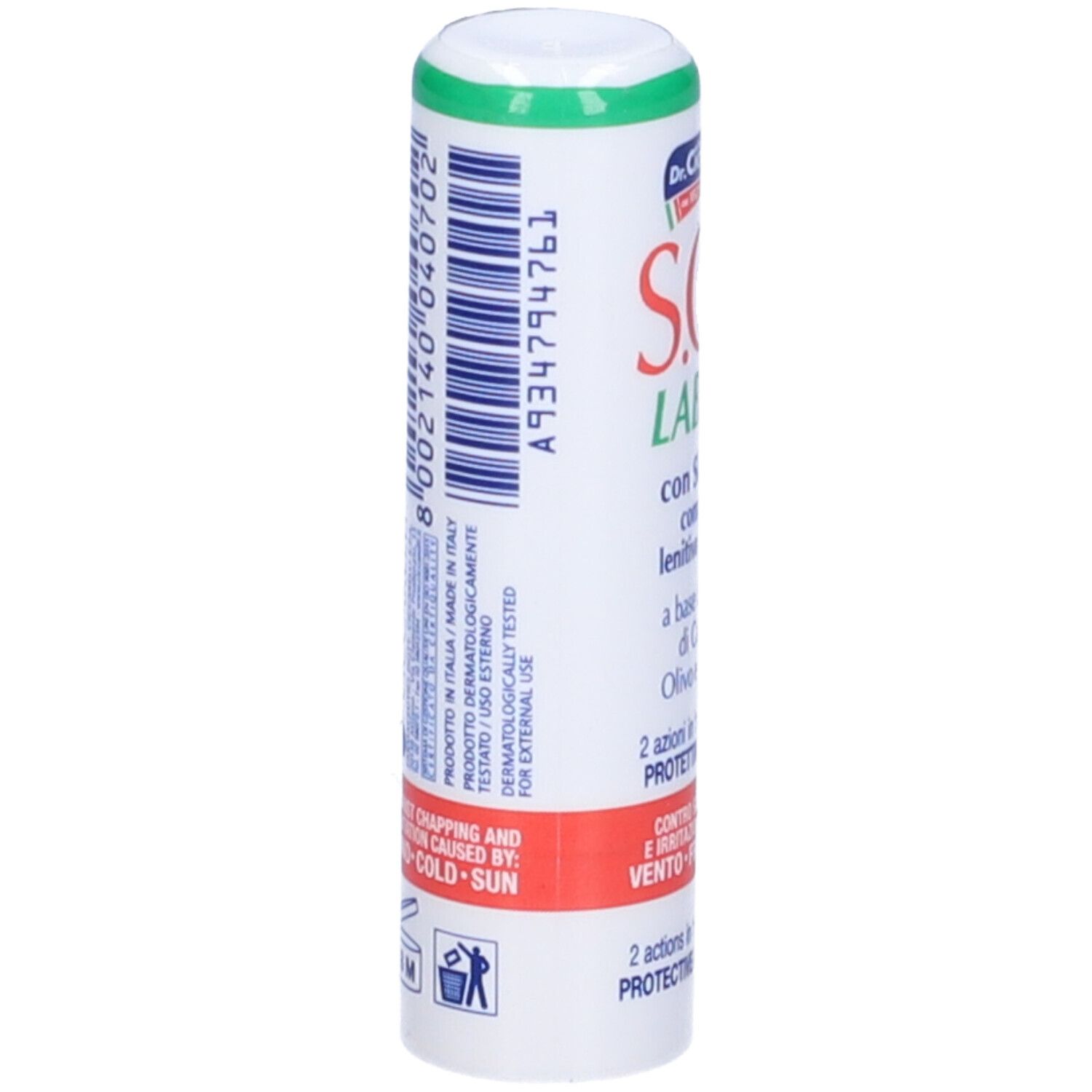 Tubo cilindrico, bianco con tappo verde. Scritta rossa: S.O.S. LABBRA. Testo: SkinSave, complesso, capperi, oliva, fico d'India.