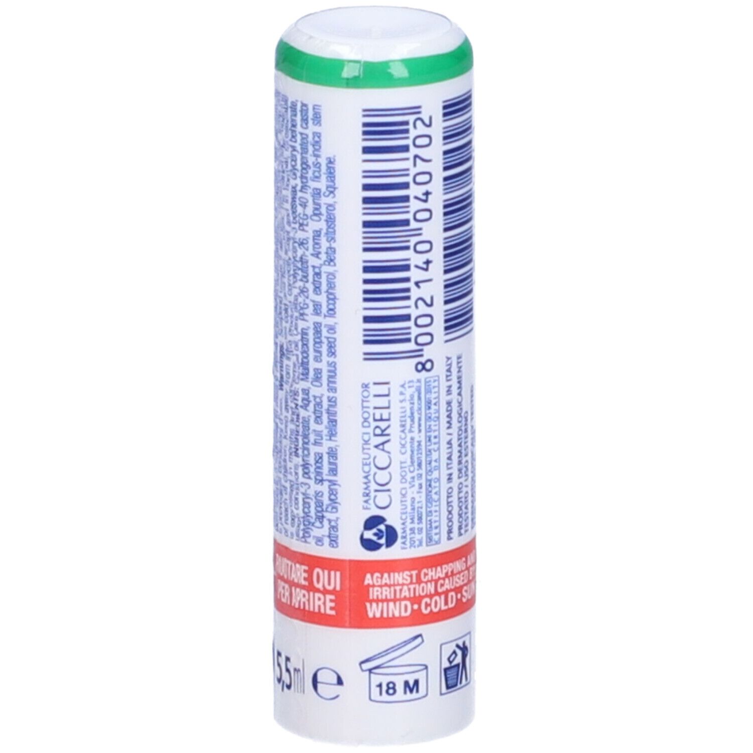 Tubo cilindrico, bianco con tappo verde. Scritta rossa: S.O.S. LABBRA. Testo: SkinSave, complesso, capperi, oliva, fico d'India.