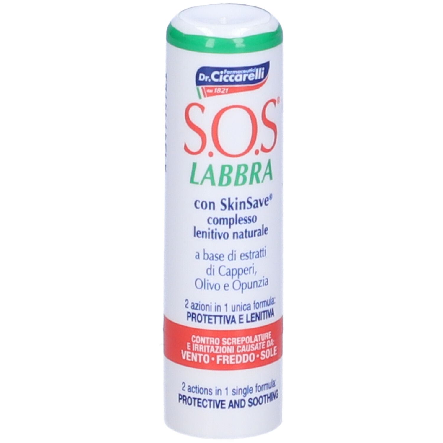 Tubo cilindrico, bianco con tappo verde. Scritta rossa: S.O.S. LABBRA. Testo: SkinSave, complesso, capperi, oliva, fico d'India.