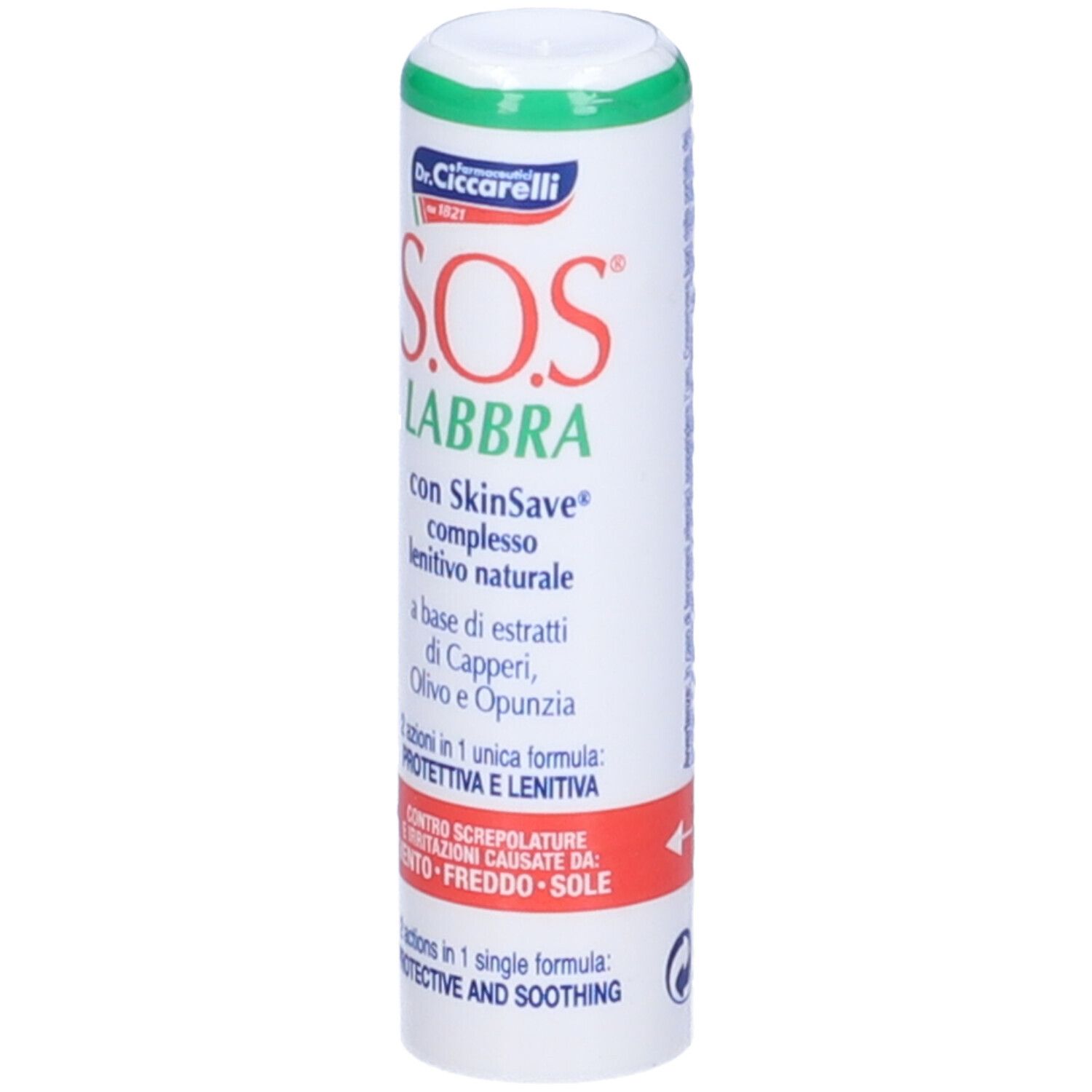 Tubo cilindrico, bianco con tappo verde. Scritta rossa: S.O.S. LABBRA. Testo: SkinSave, complesso, capperi, oliva, fico d'India.