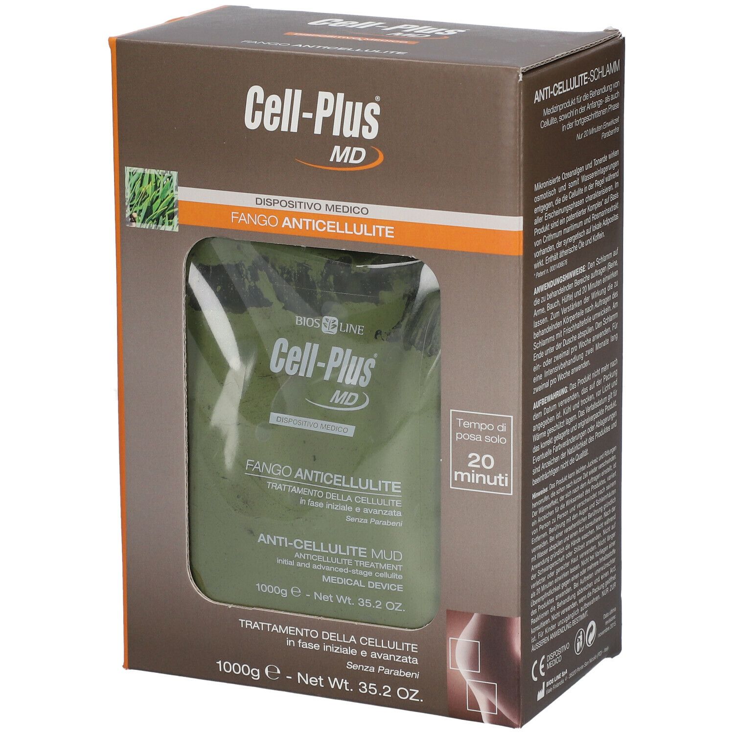 Scatola Cell-Plus MD Fango Anticellulite. Dispositivo medico. Confezione verde. Testo italiano. Tempo di posa: 20 minuti.