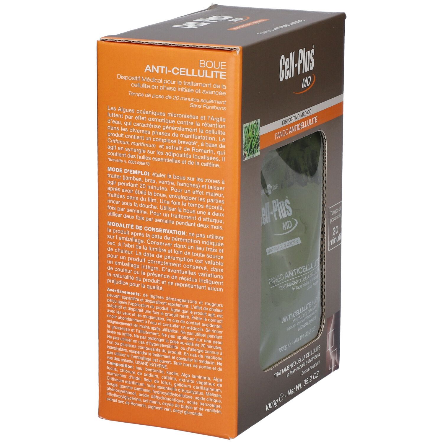 Scatola Cell-Plus MD Fango Anticellulite. Dispositivo medico. Confezione verde. Testo italiano. Tempo di posa: 20 minuti.