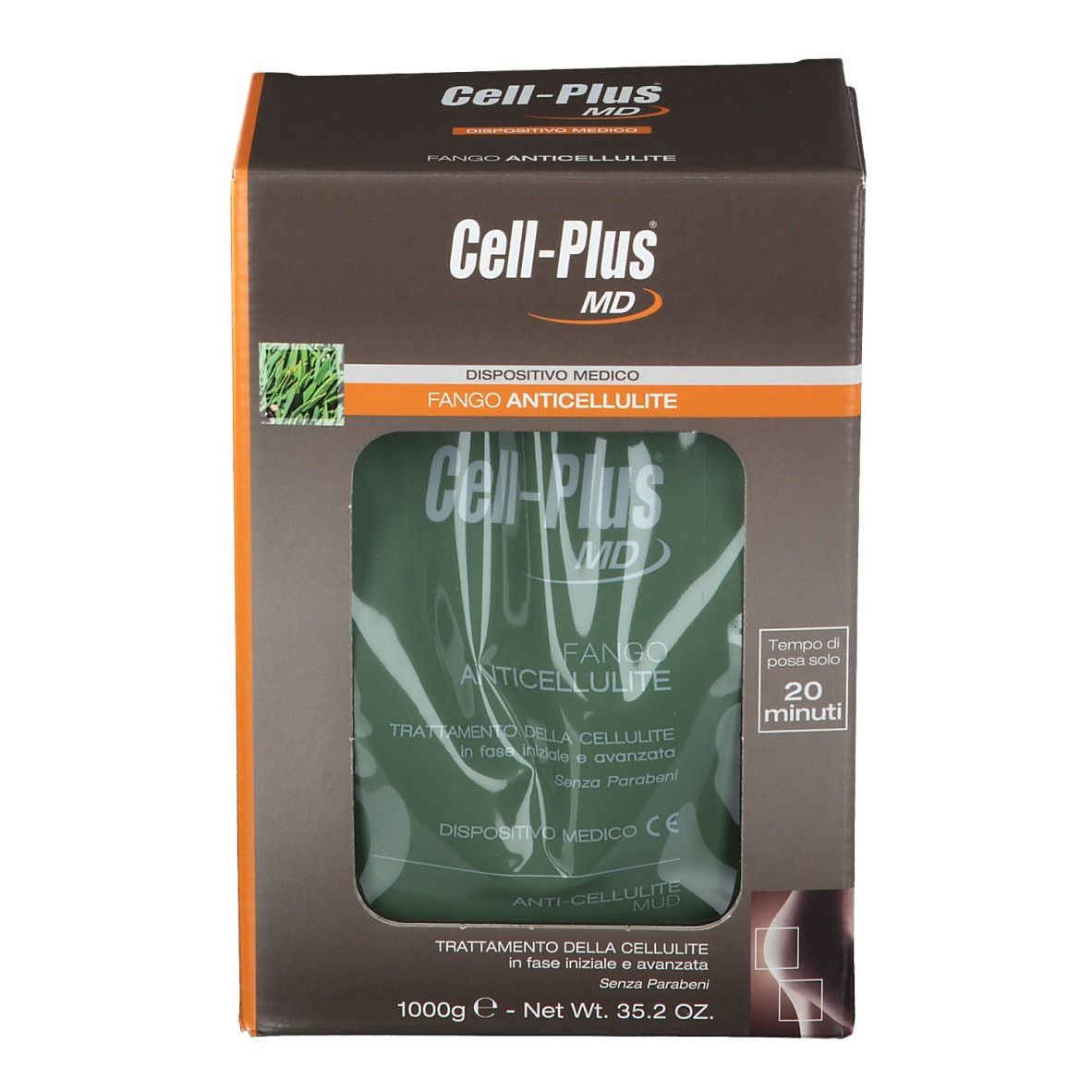Scatola Cell-Plus MD Fango Anticellulite. Dispositivo medico. Confezione verde. Testo italiano. Tempo di posa: 20 minuti.