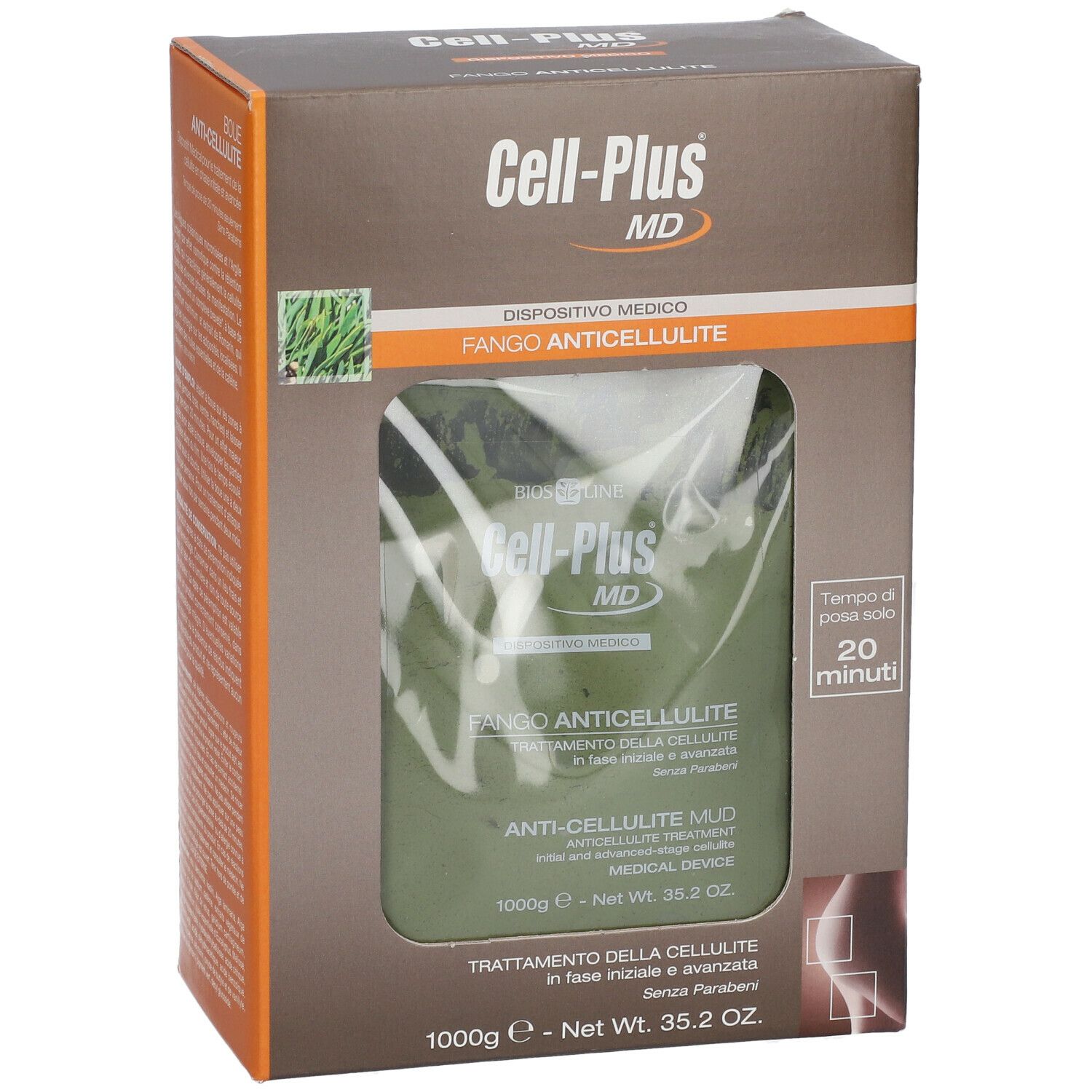Scatola Cell-Plus MD Fango Anticellulite. Dispositivo medico. Confezione verde. Testo italiano. Tempo di posa: 20 minuti.