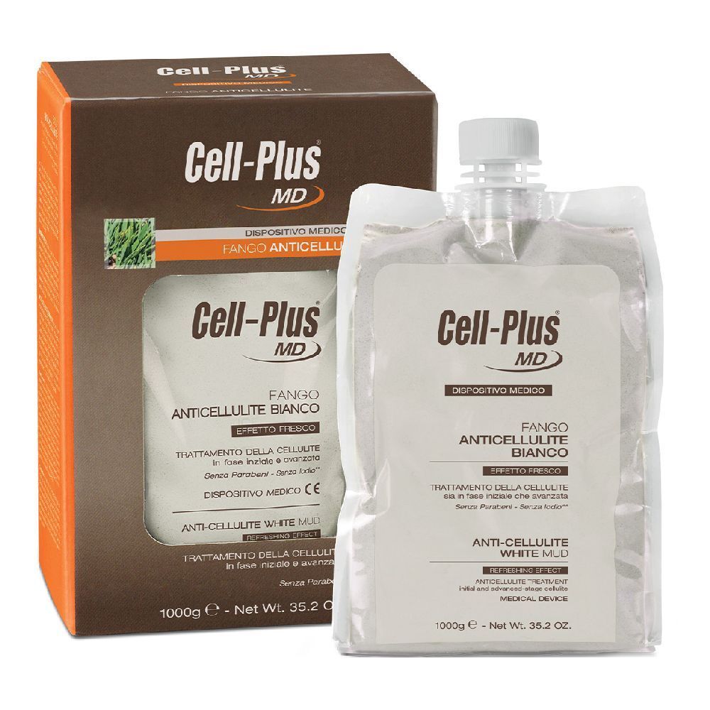 Confezione con sacchetto prodotto. Scritta: Cell-Plus MD, Fango Anticellulite Bianco. Sacchetto con contenuto bianco.