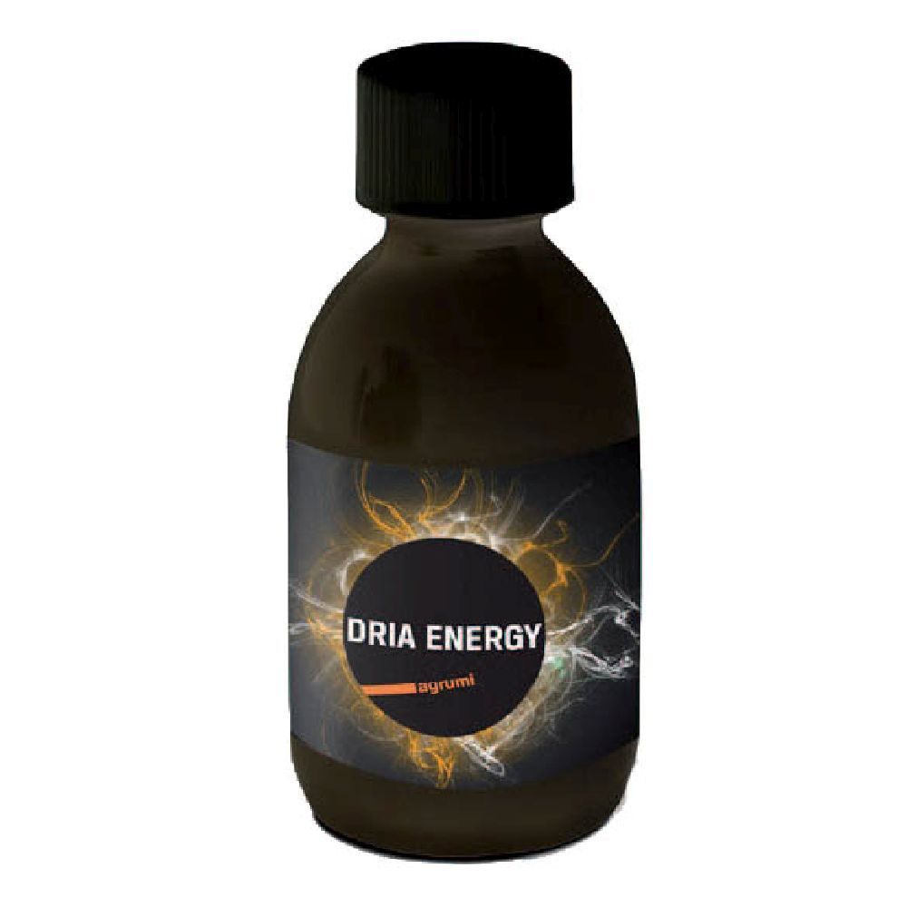 Flacone marrone con tappo nero. Etichetta "DRIA ENERGY" e "agrumi".