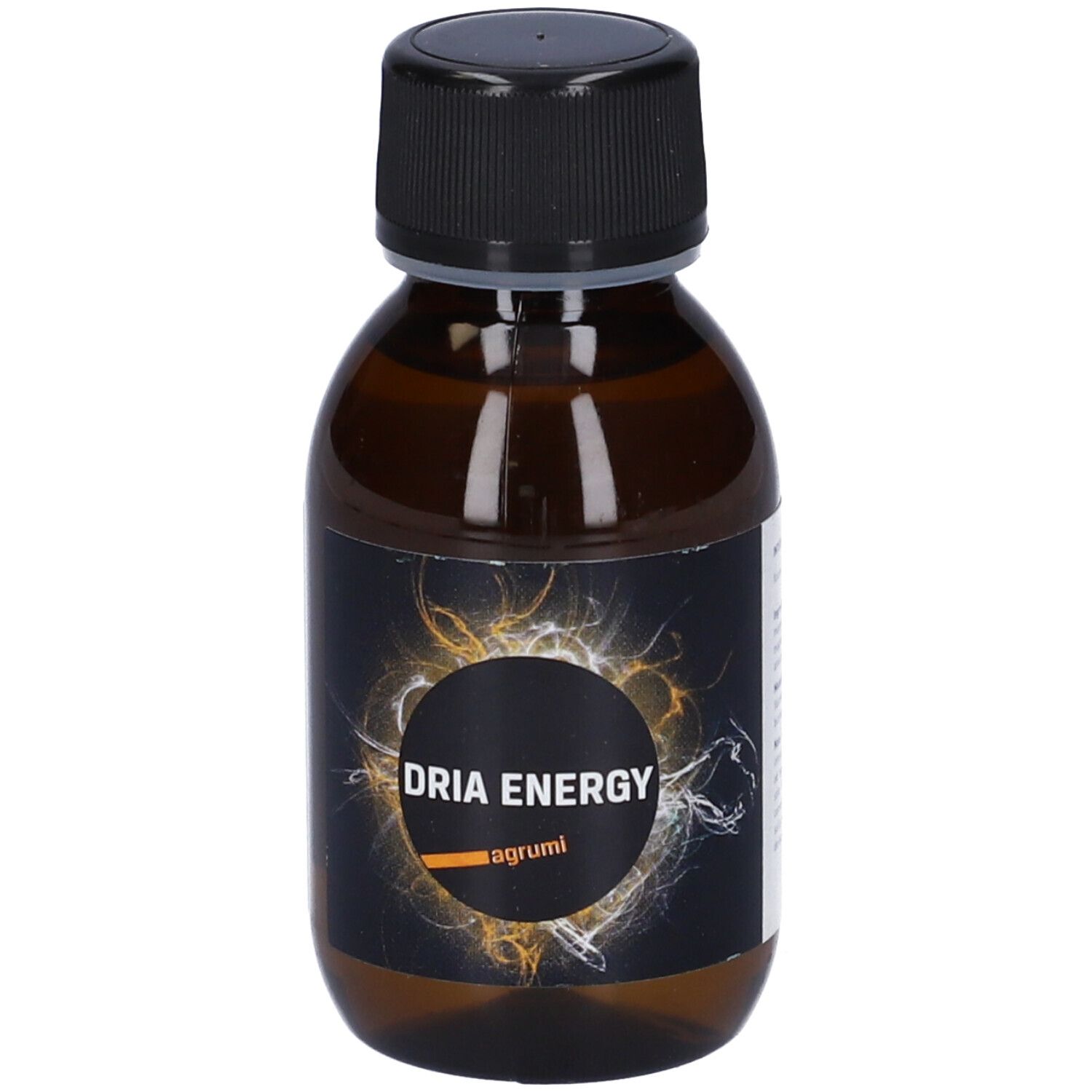 Flacone marrone con tappo nero. Etichetta "DRIA ENERGY" e "agrumi".