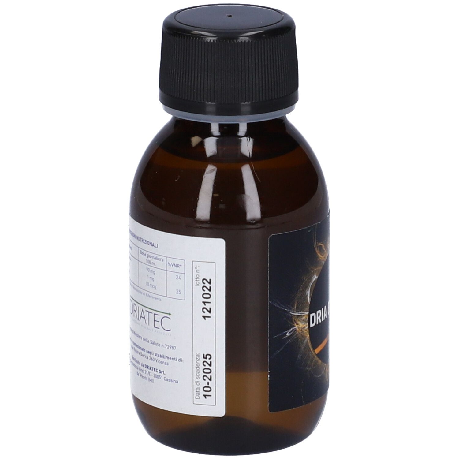 Flacone marrone con tappo nero. Etichetta "DRIA ENERGY" e "agrumi".